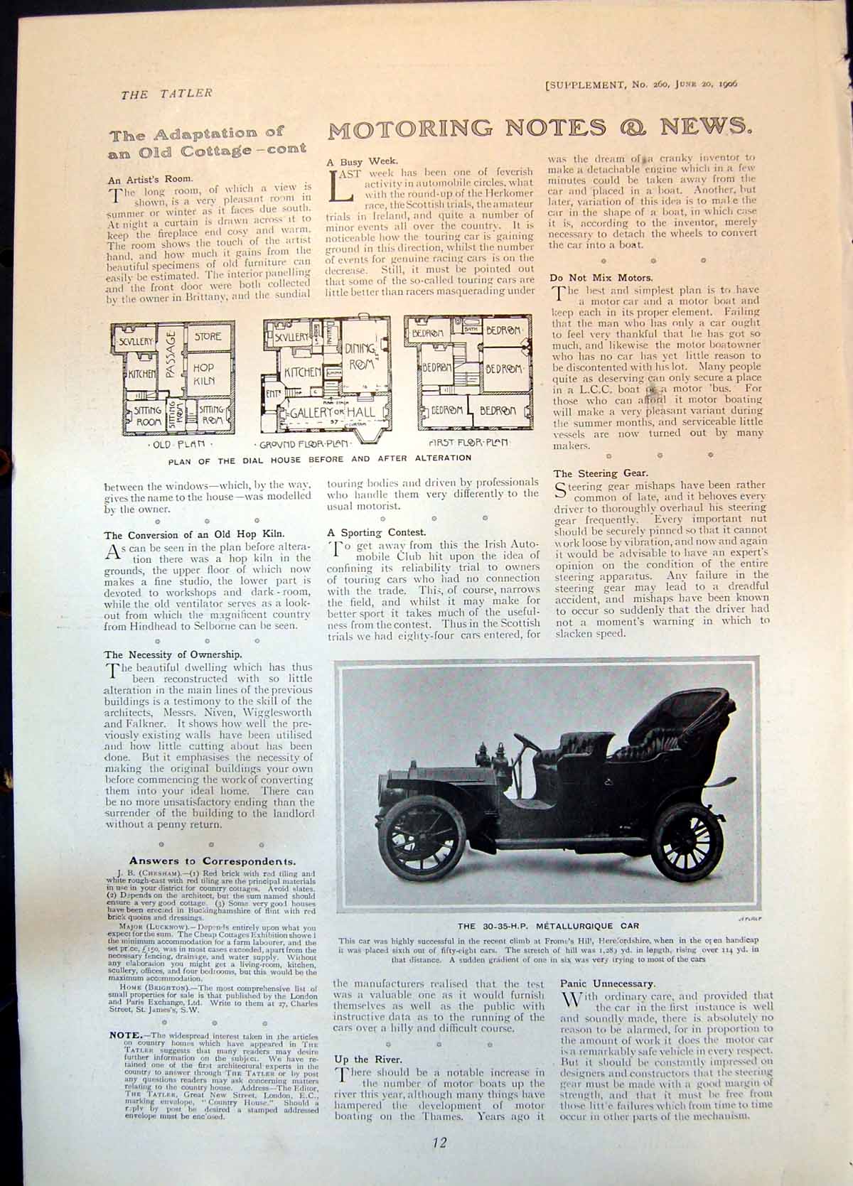 Antique Old Print Plan Dial House Alterations 30-35 Hp Metallurgique Car 1906