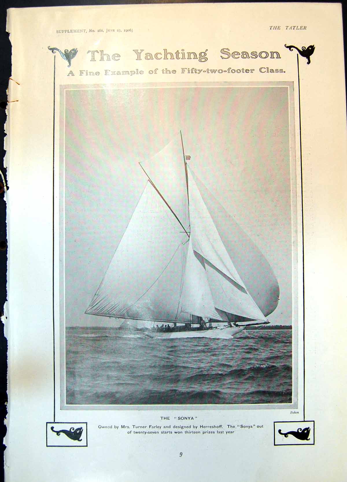 Antique Old Print Yachting Sonya Mrs T Farley Britomart Moyana Solent 1906 20th