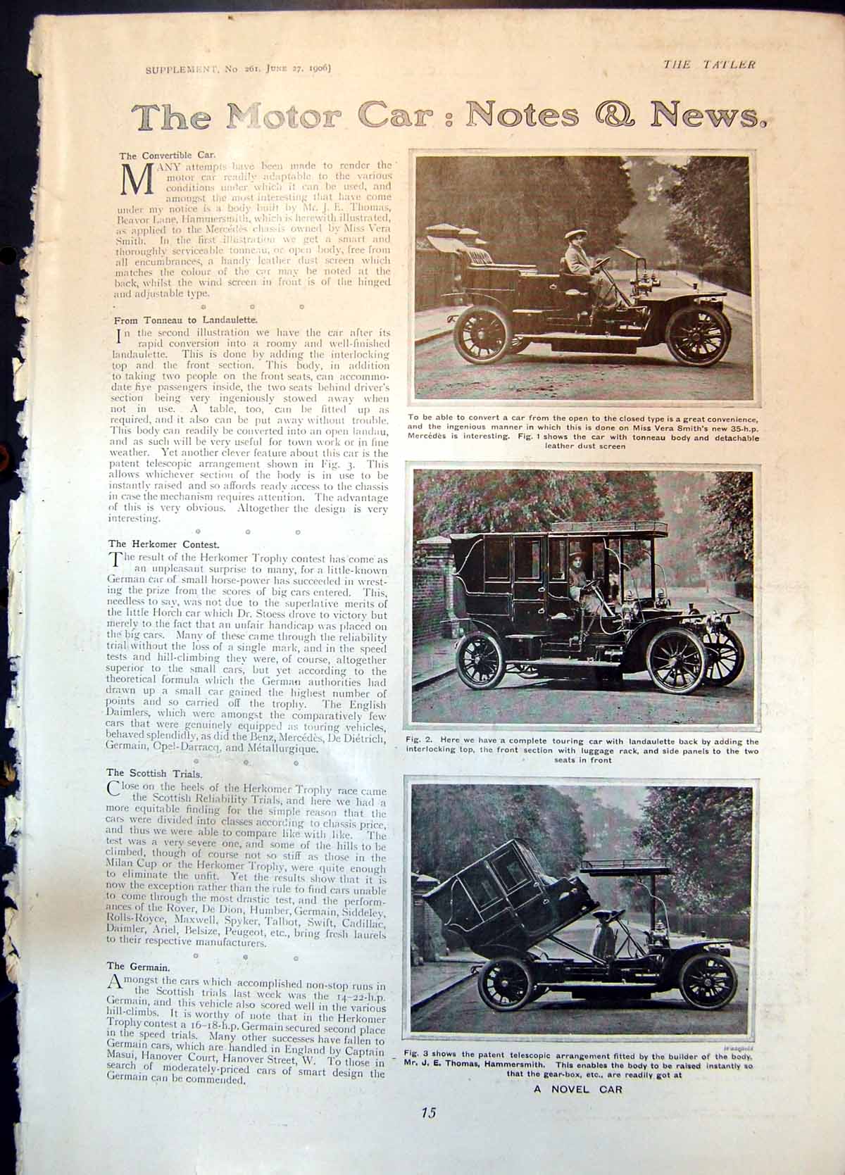 Antique Old Print Motor Car Vera Smith Mercedes Touring Car Landaulette 1906