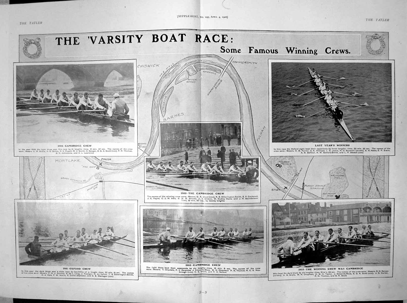 Antique Old Print Varsity Boat Race 1904 Cambridge Crew 1901 Oxford Crew 1906