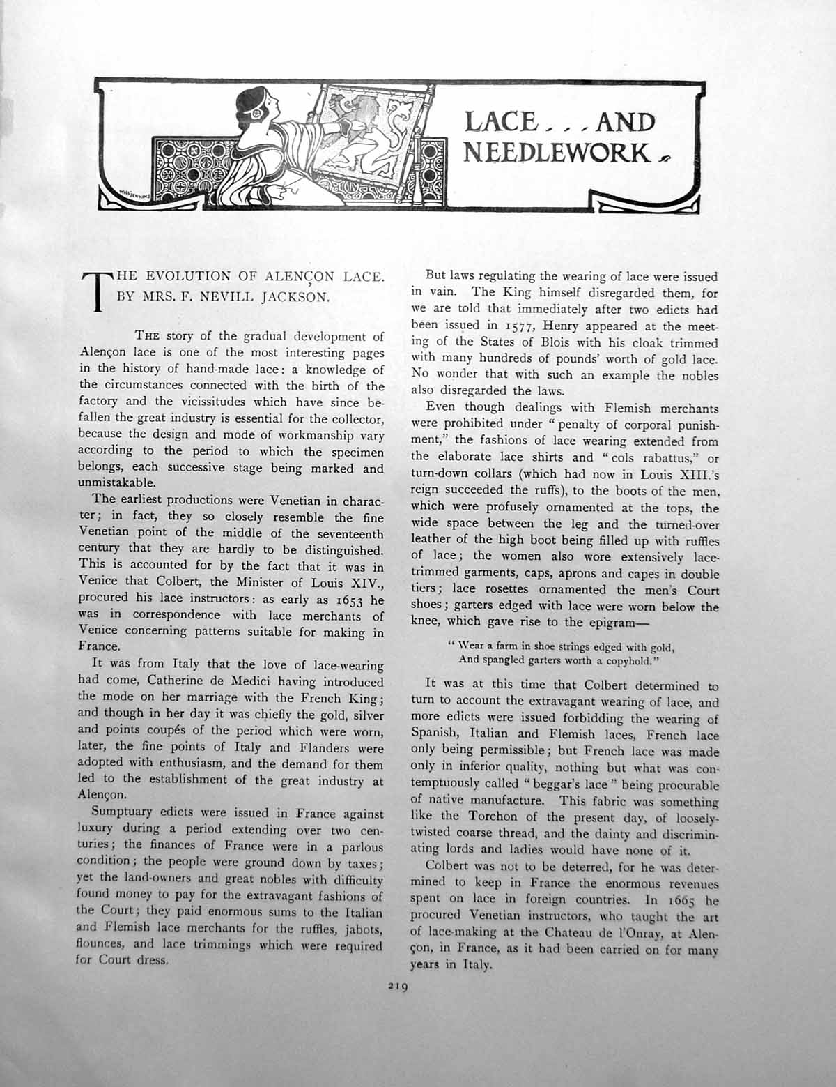 Old Antique Print The Evolution Alencon Lace Raised VenetianPages 1901
