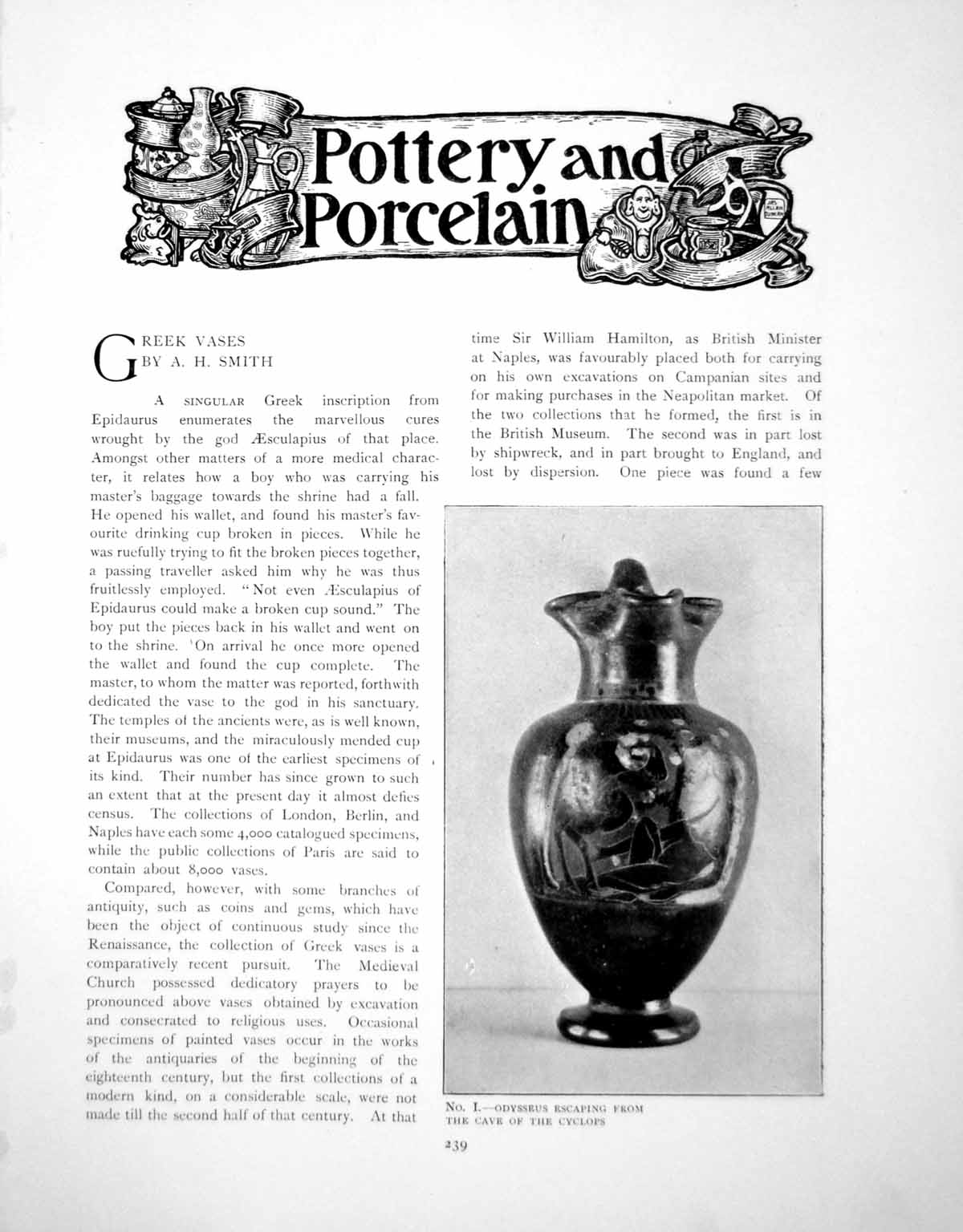 Old Antique Print Greek Vases Odysseus Escaping Cave CyclopsPages 1902
