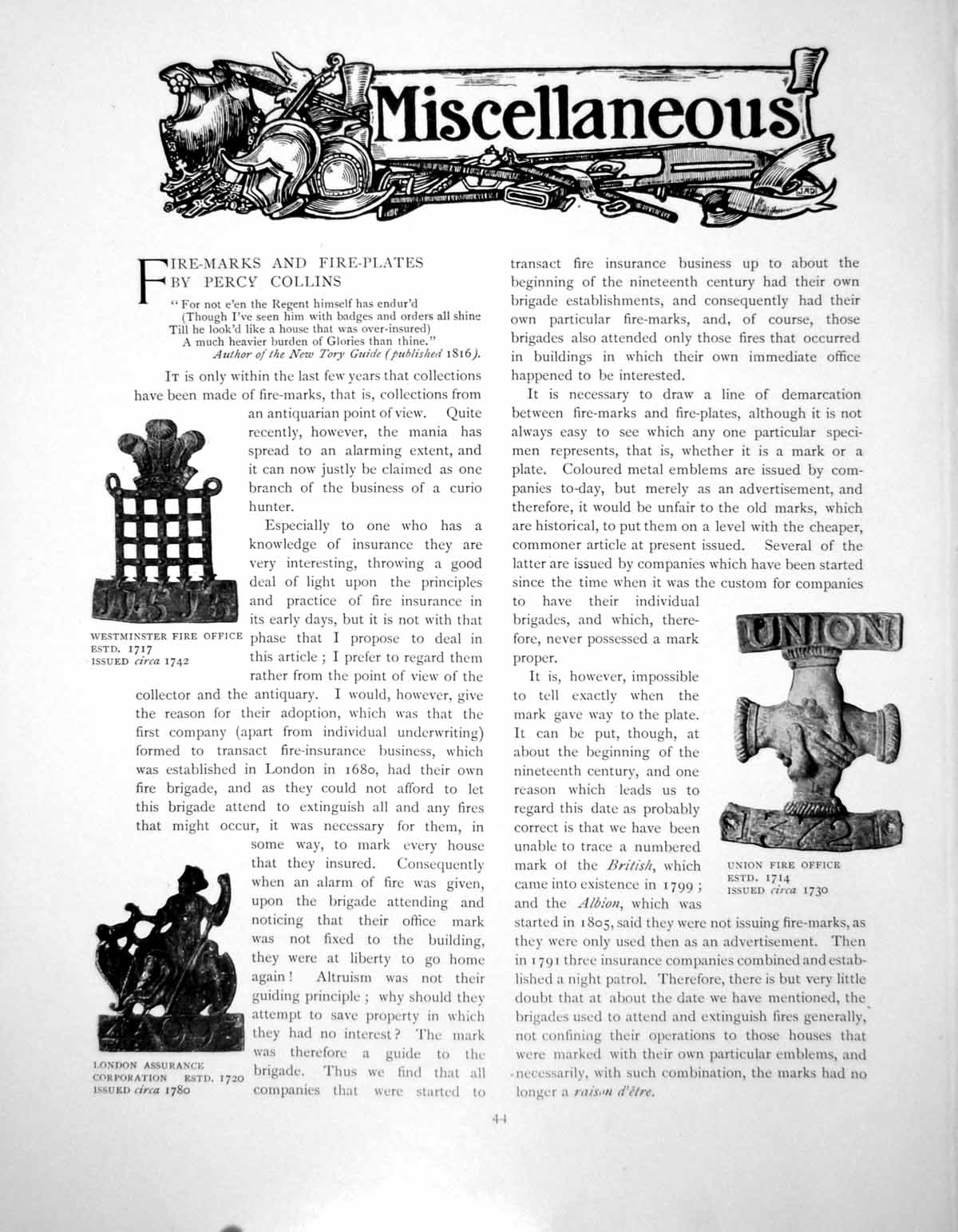 Old Print Fire-Marks And Fire-Plates Westminster Fire OfficePages 1902