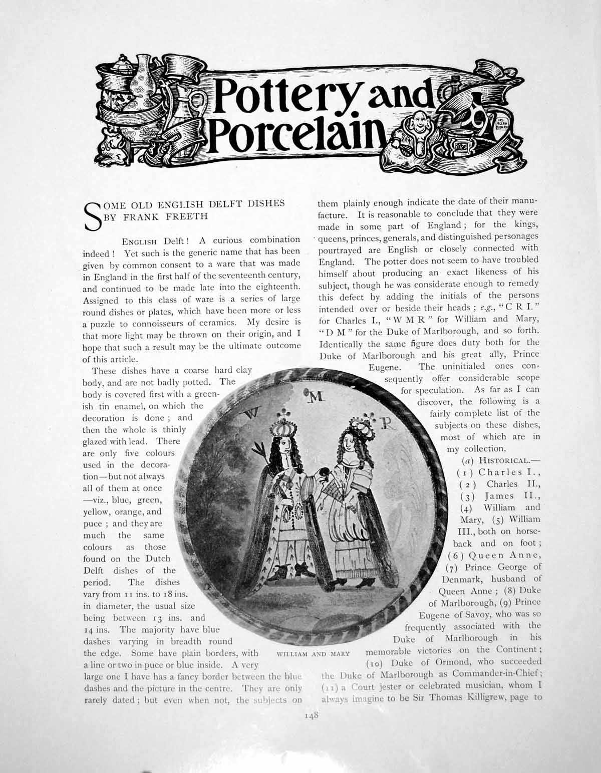 Old Antique Print Some English Delft Dishes William And MaryPages 1902