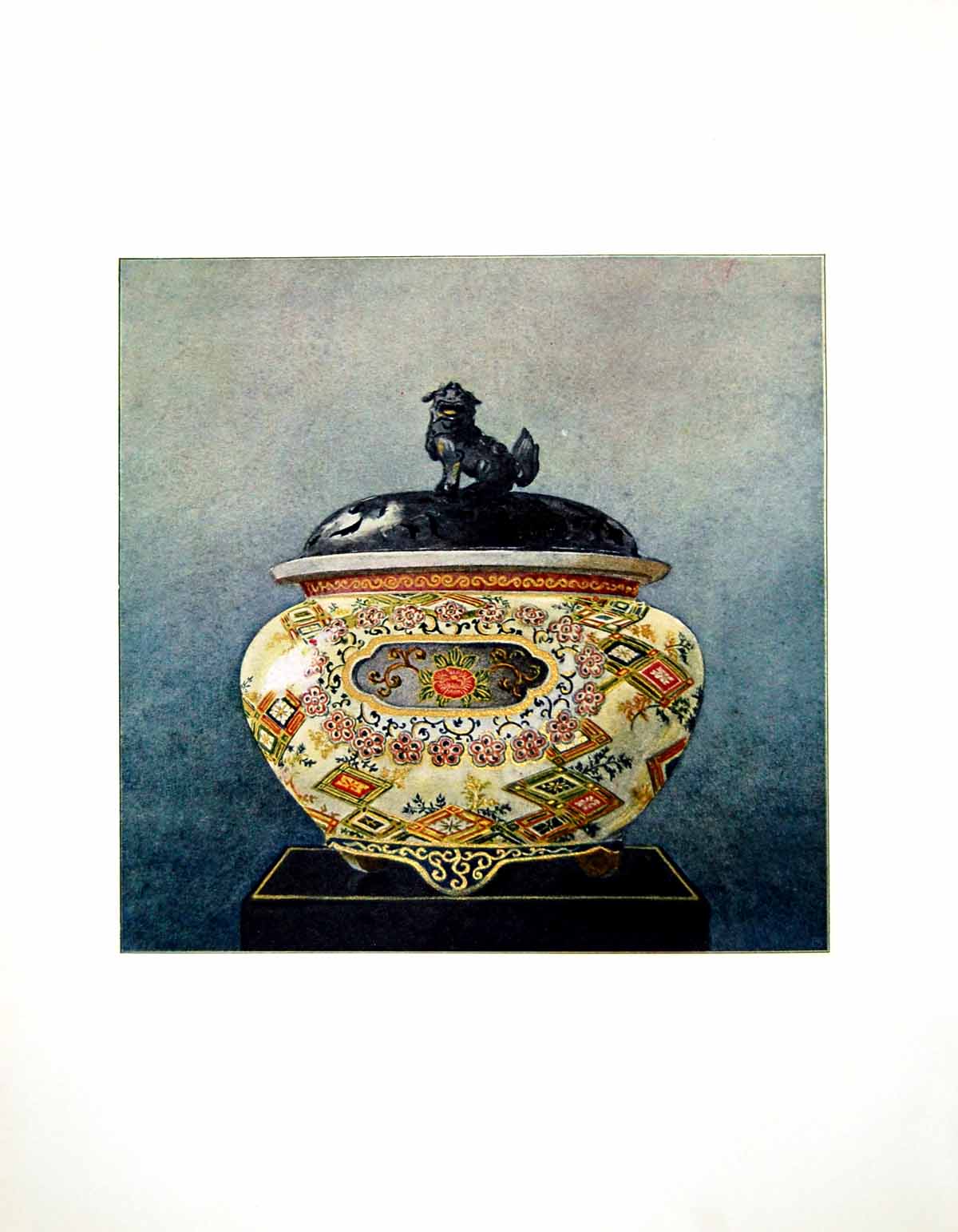 Old Antique Print Koro Perfume Burner Satsuma Faience Cover Shakado 1902 20th