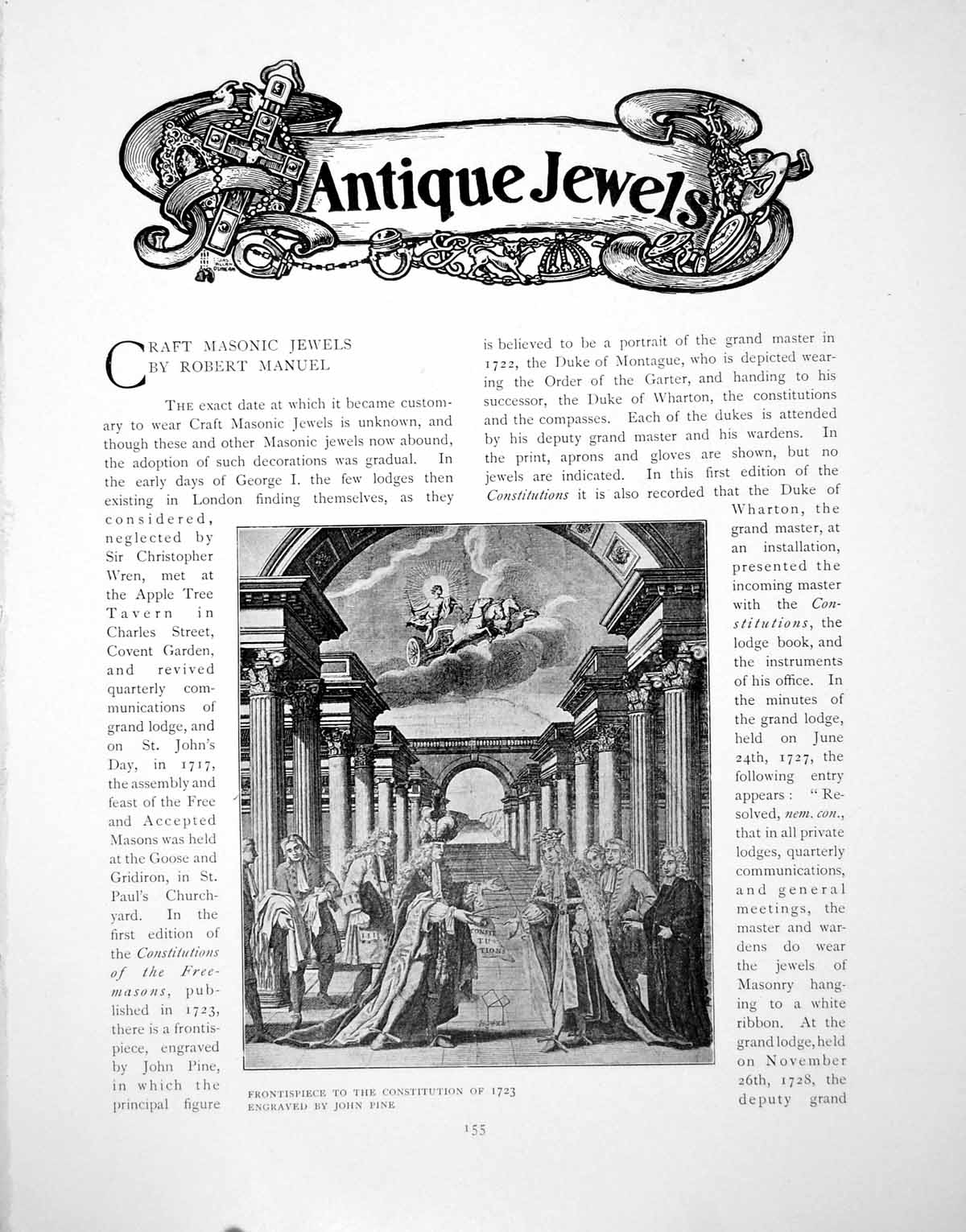 Old Craft Masonic Jewels Frontispiece Constitution 1723Pages 1902