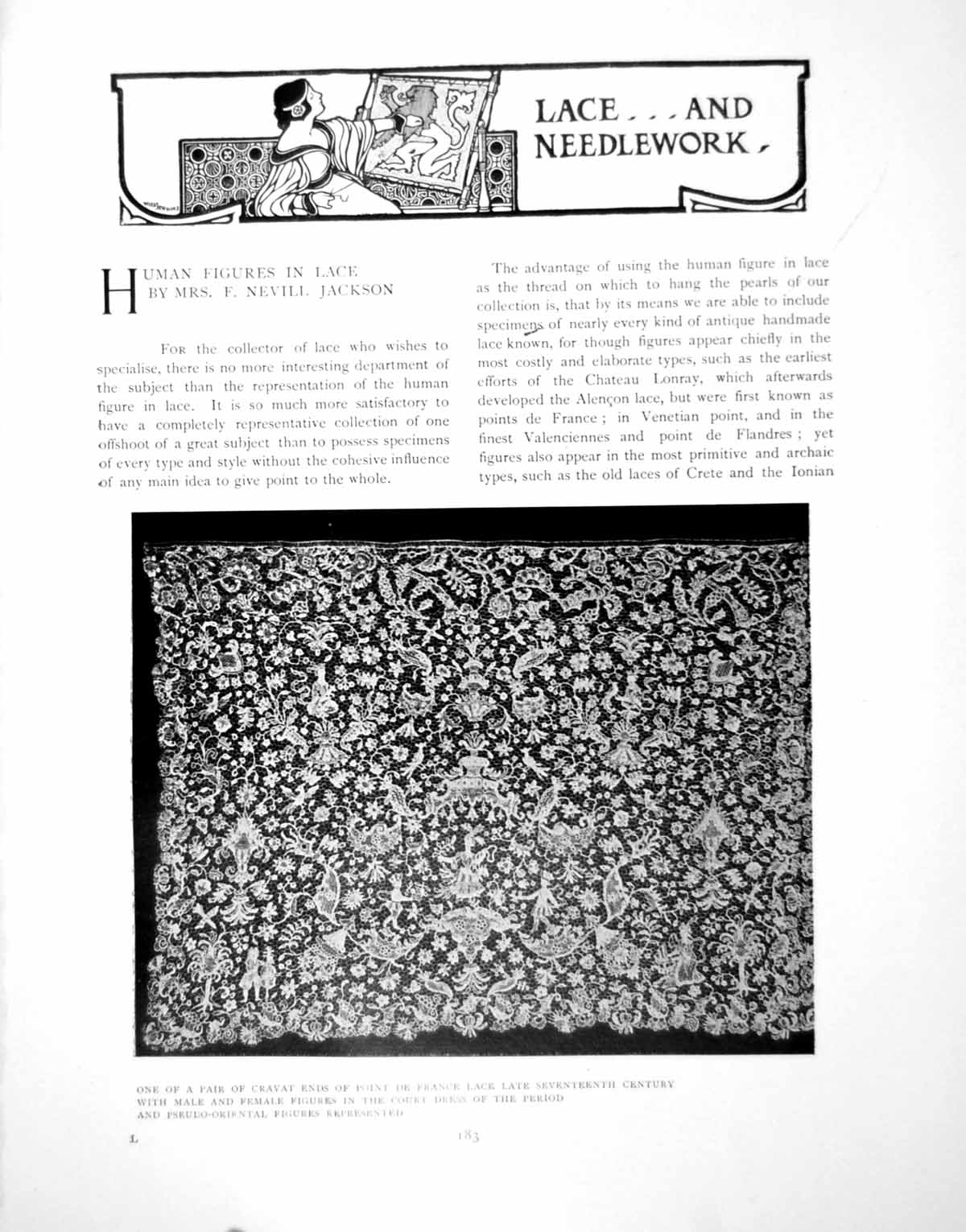 Antique Print Human Figures Lace Cravat End Border NeedlepointPages 1902