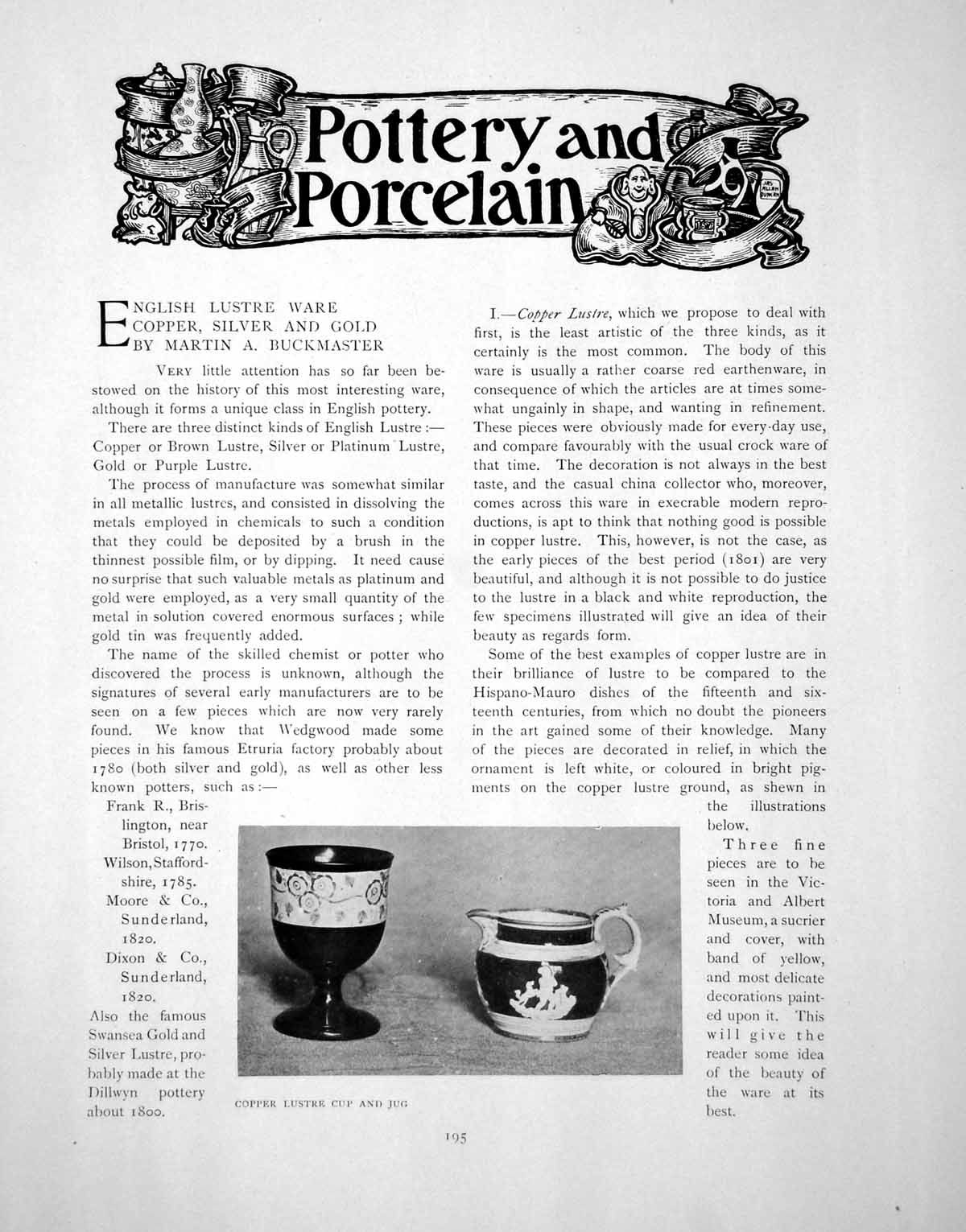 Antique Old Print English Lustre Ware Copper Silver GCup And JugPages 1902