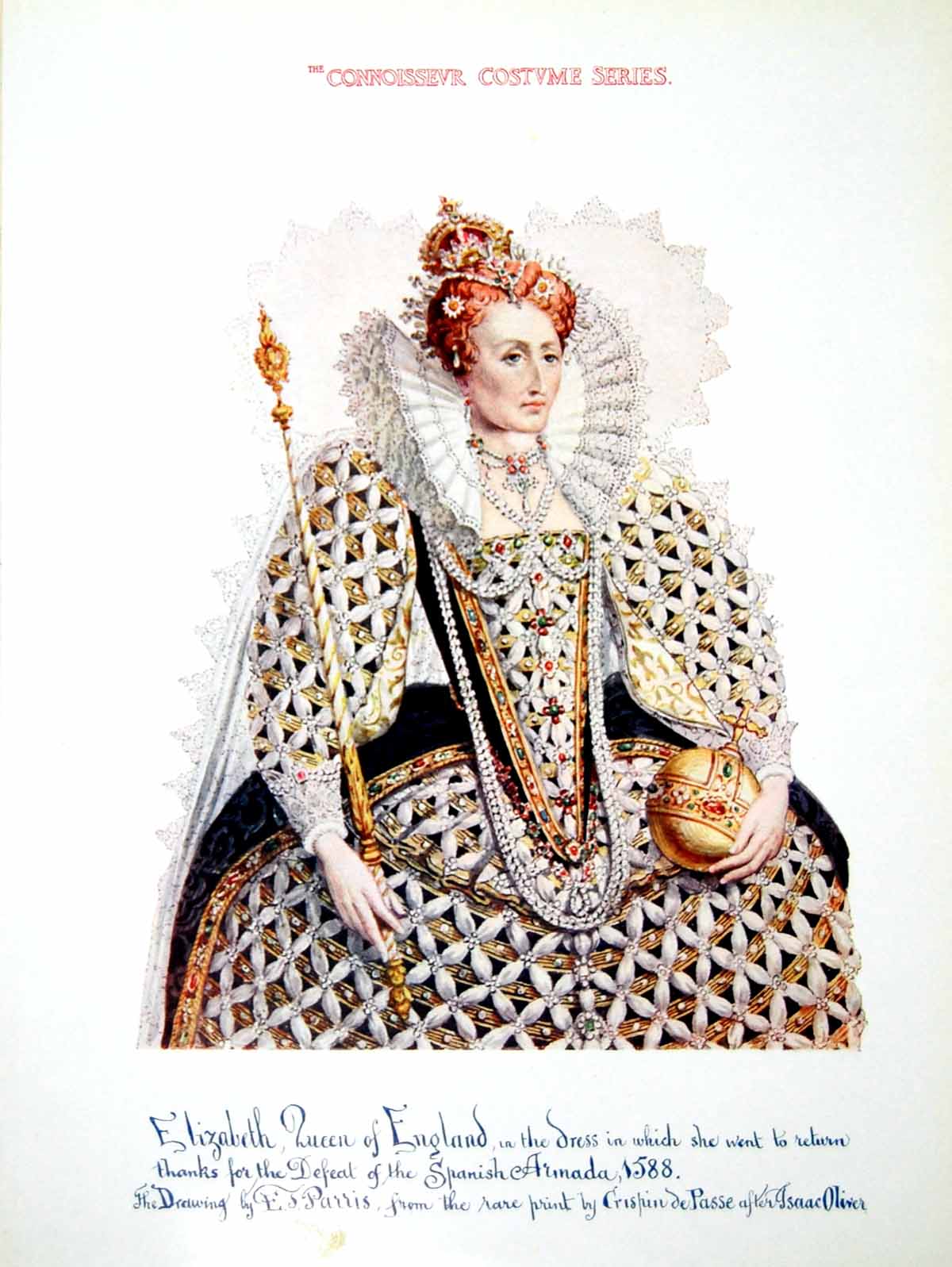 Antique Old Print Elizabeth Queen England In Dress Post Spanish Armada 1902