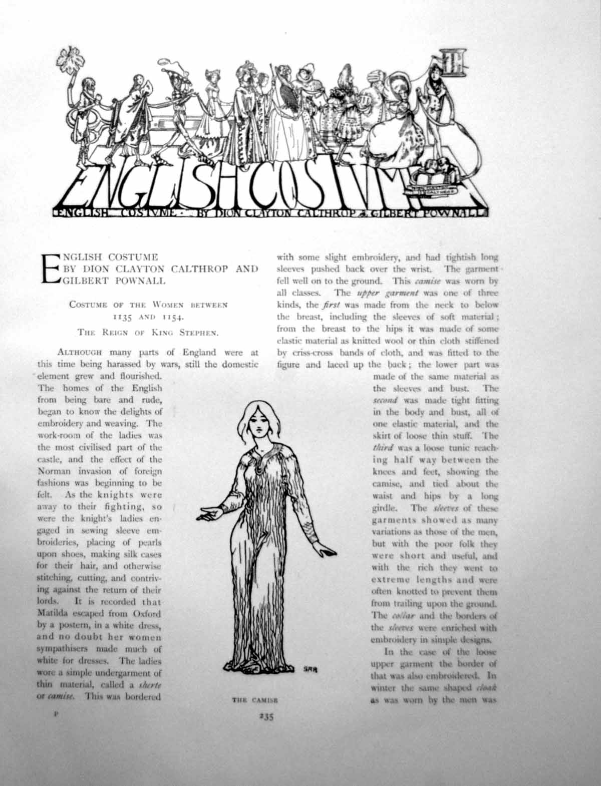 Antique Old Print English Costume Women Between 1135-1154 CamisePages 1904