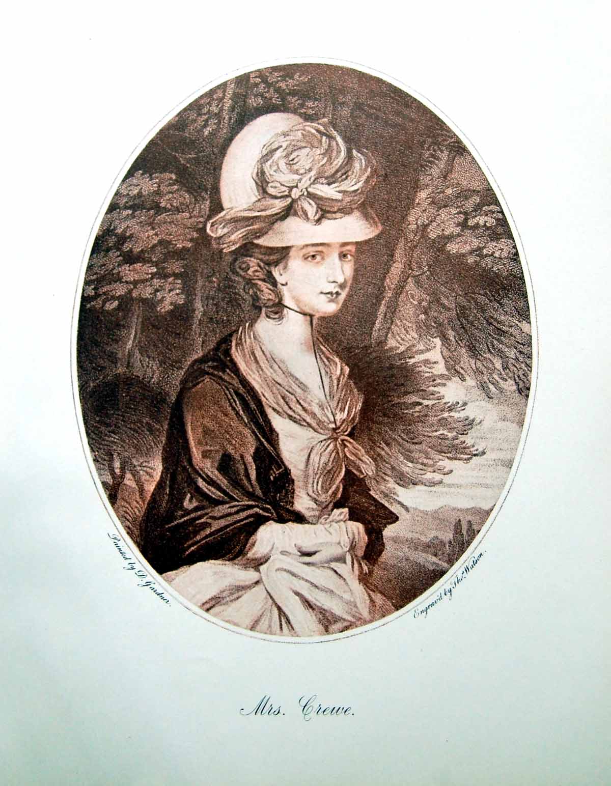 Old Antique Print Mrs Crewe Bonneted Lady Portrait Trees Landscape 1904 20th