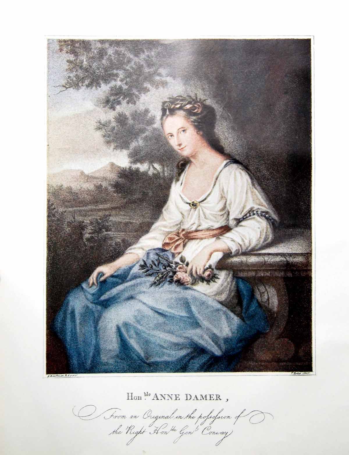 Antique Print The Hon. Anne Damer By T Ryder Seated Portrait Blue Wrap 1904
