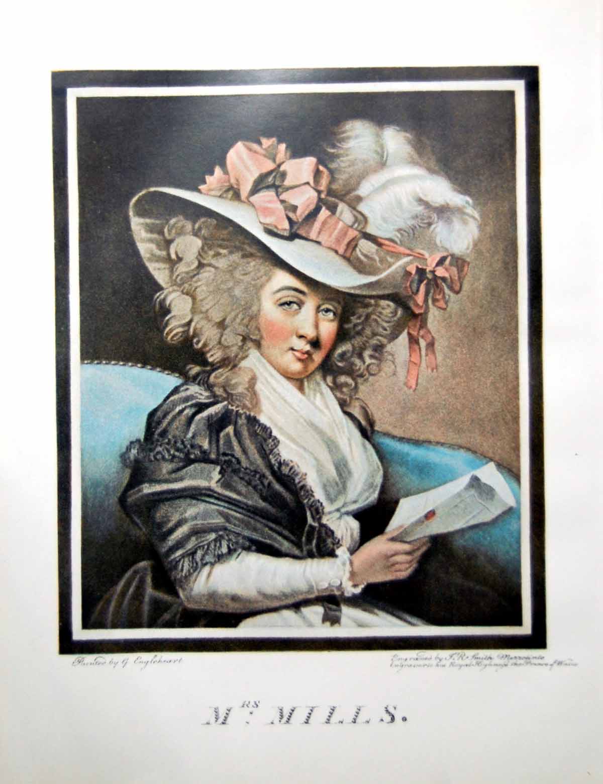 Antique Old Print Mrs Mills Portrait Lady Plumed Be-Ribboned Hat Curls 1904