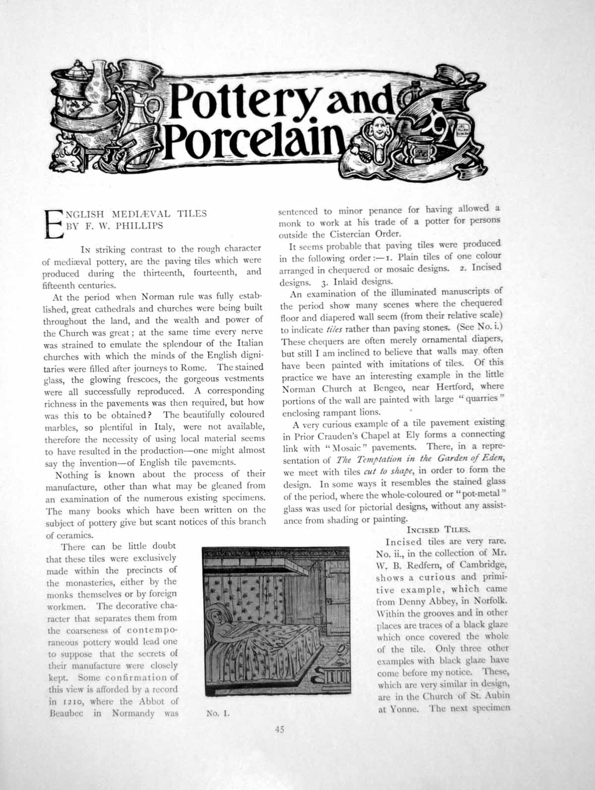 Old Antique Print English Mediaeval Tiles Lady In Bed FloralPages 1904