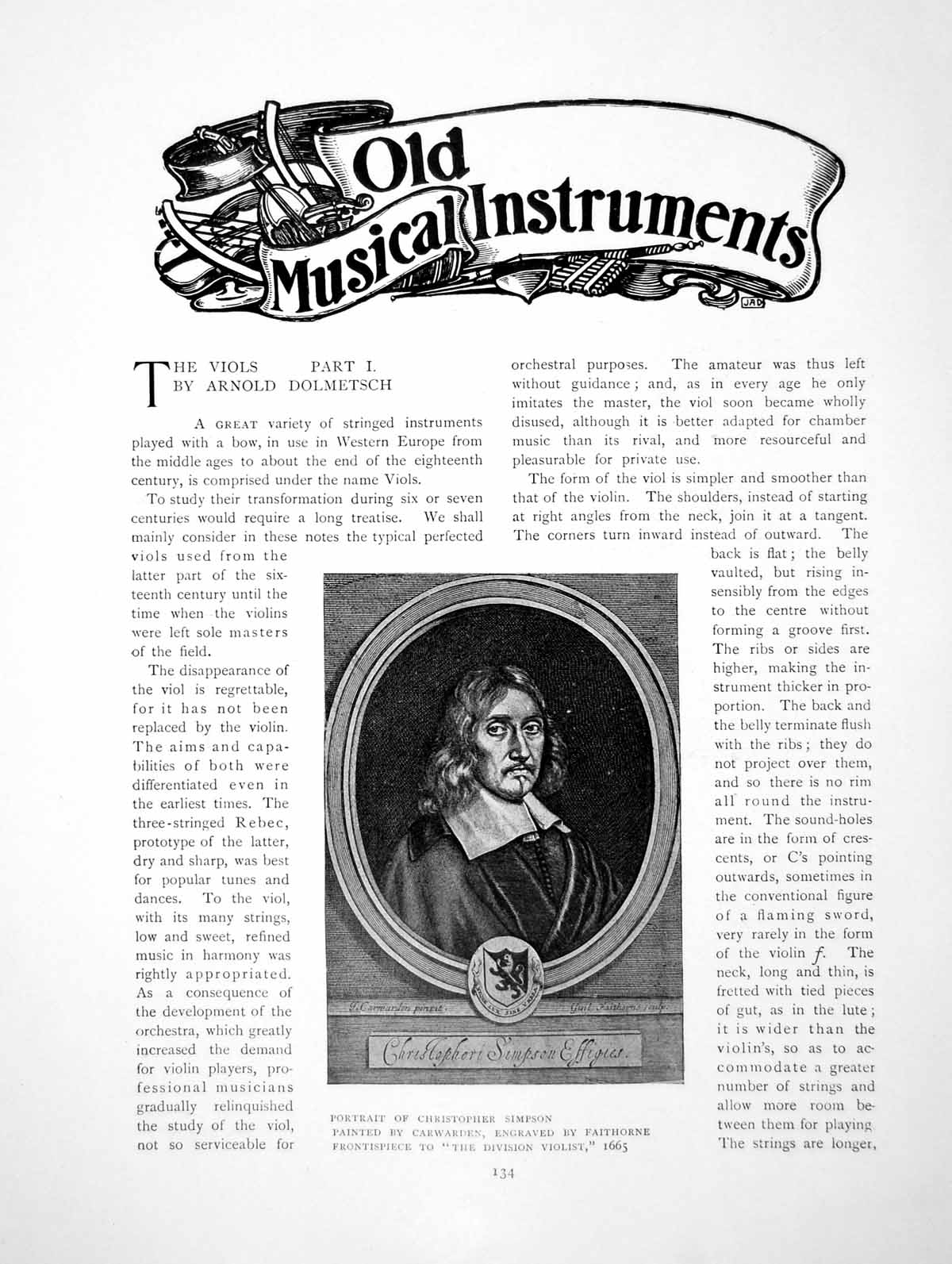 Antique Old Print The Viols Part I Portrait Christopher SimpsonPages 1904