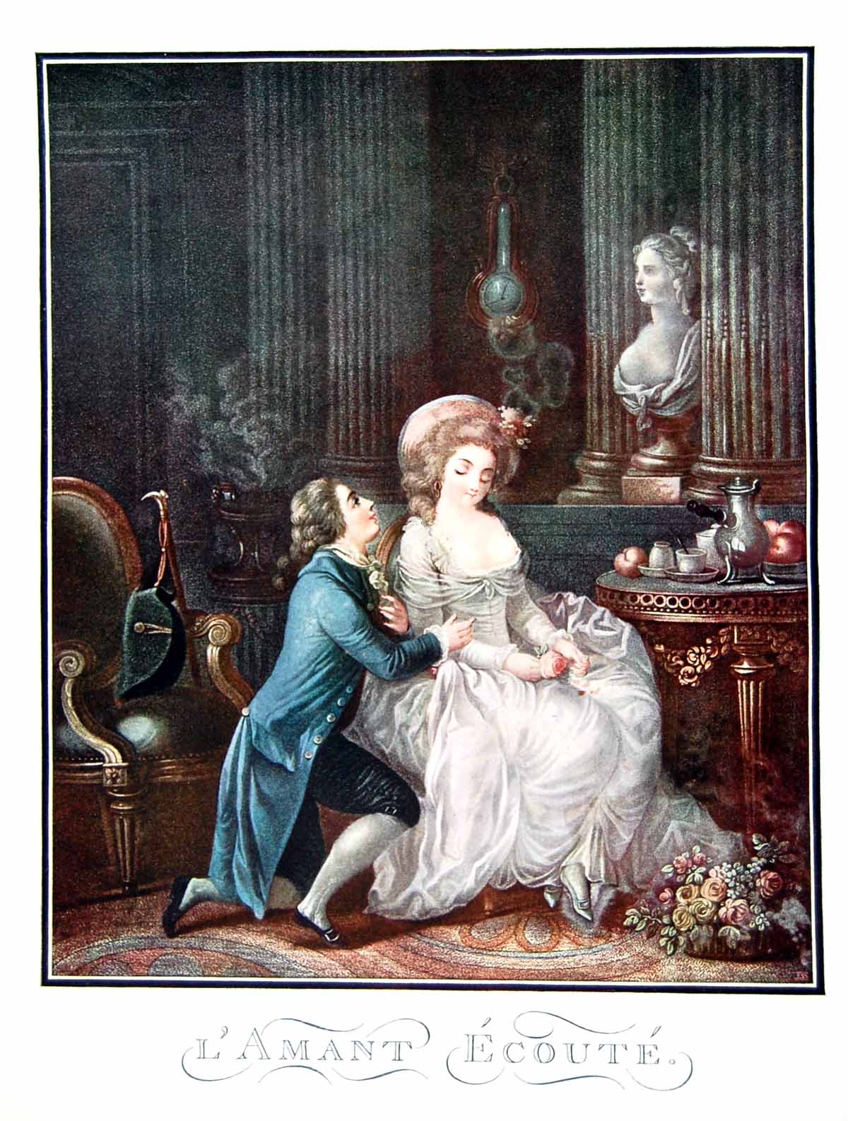 Antique Old Print L'Amant Ecoute Gentleman Bended Knee Lady Listening 1904 20th