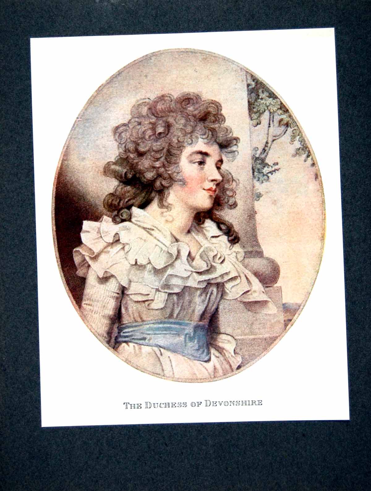Original Old Antique Print The Duchess Devonshire Ruffled Dress Blue Sash 1904