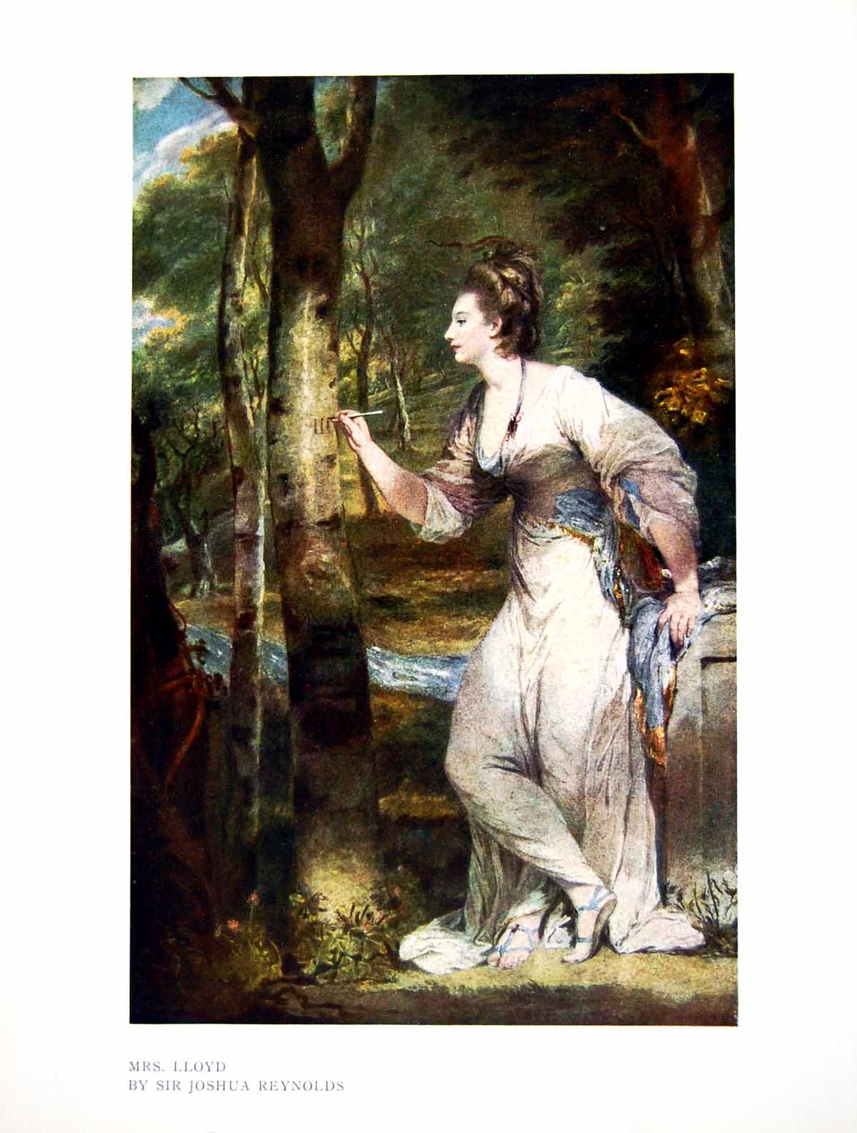 Original Old Antique Print Mrs Lloyd By Sir Joshua Reyns Carving On A Tree 1904