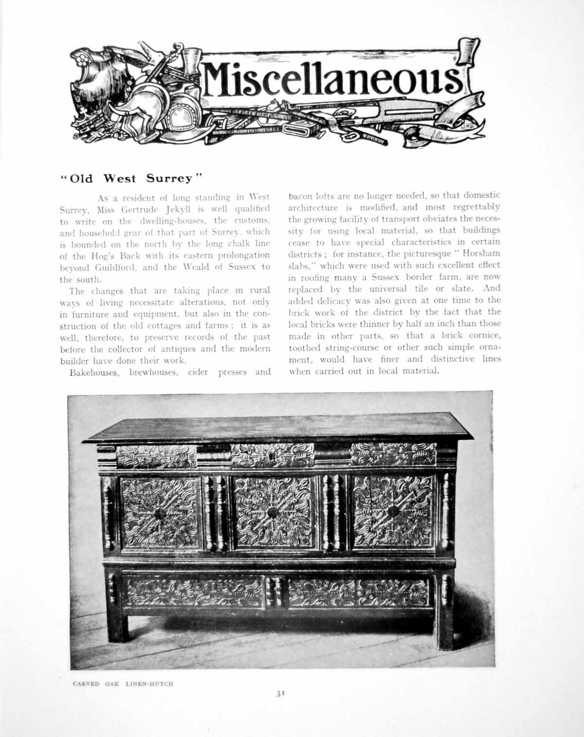 Old Antique Print West Surrey Carved Oak Linen Hutch SamplerPages 1905