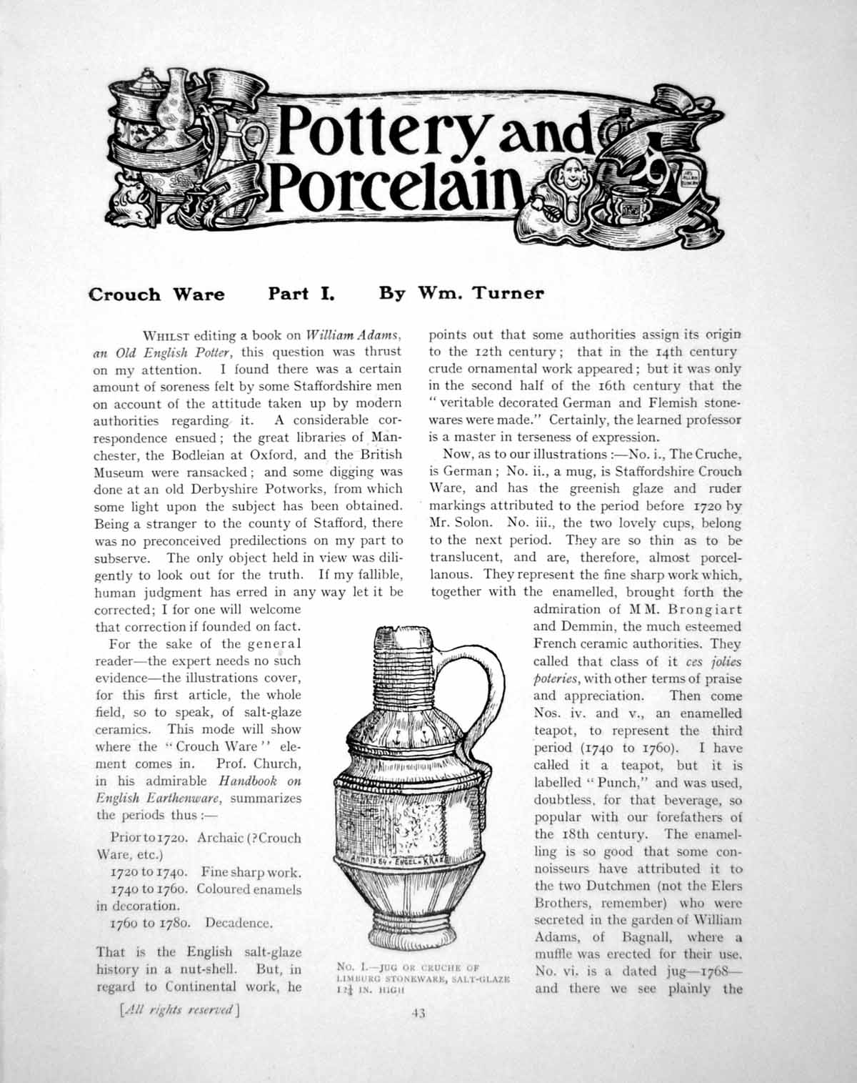 Antique Print Crouch Ware Part I Jug Cruche Limburg StonewarePages 1905