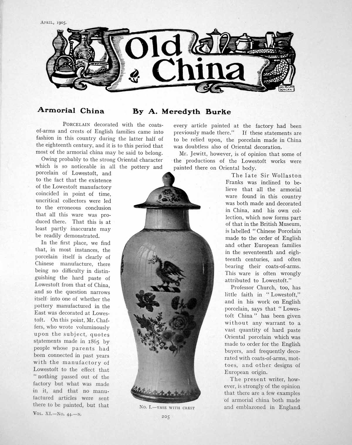 Antique Old Print Armorial China Vase With Crest Coat-Of-ArmsPages 1905