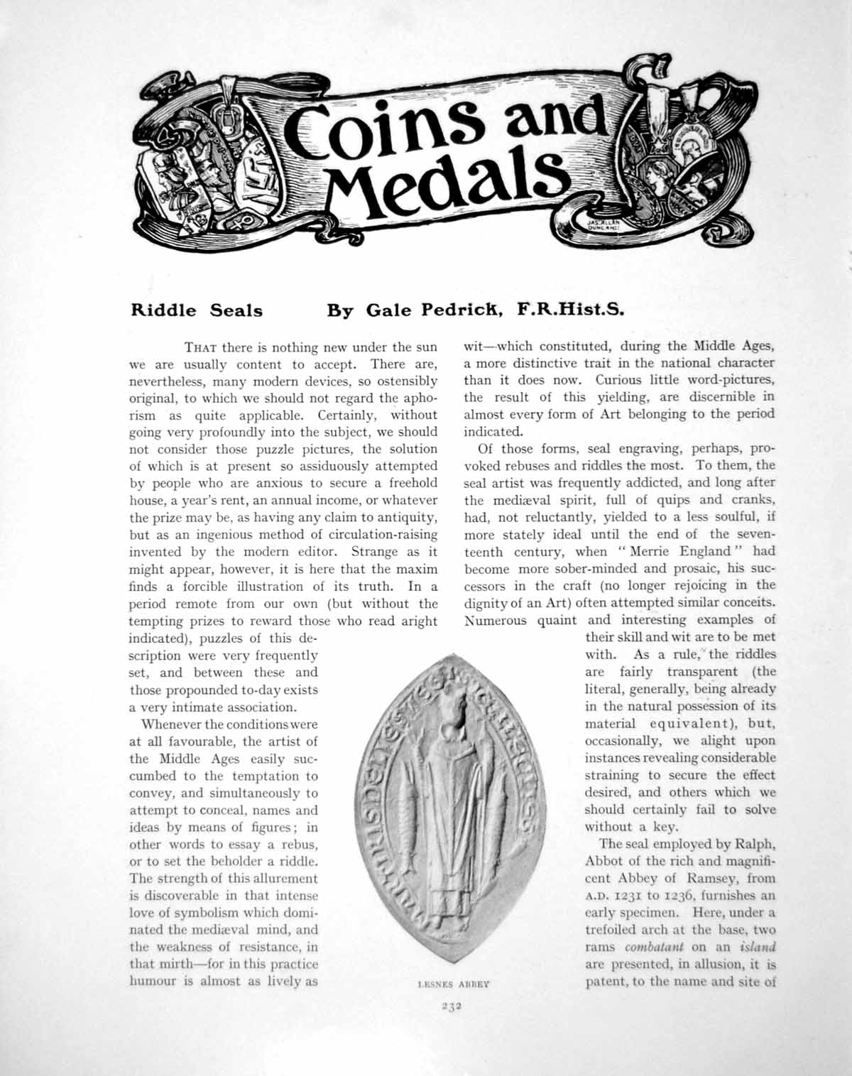 Old Antique Print Coins And Medals Riddle Seals Lesnes AbbeyPages 1905