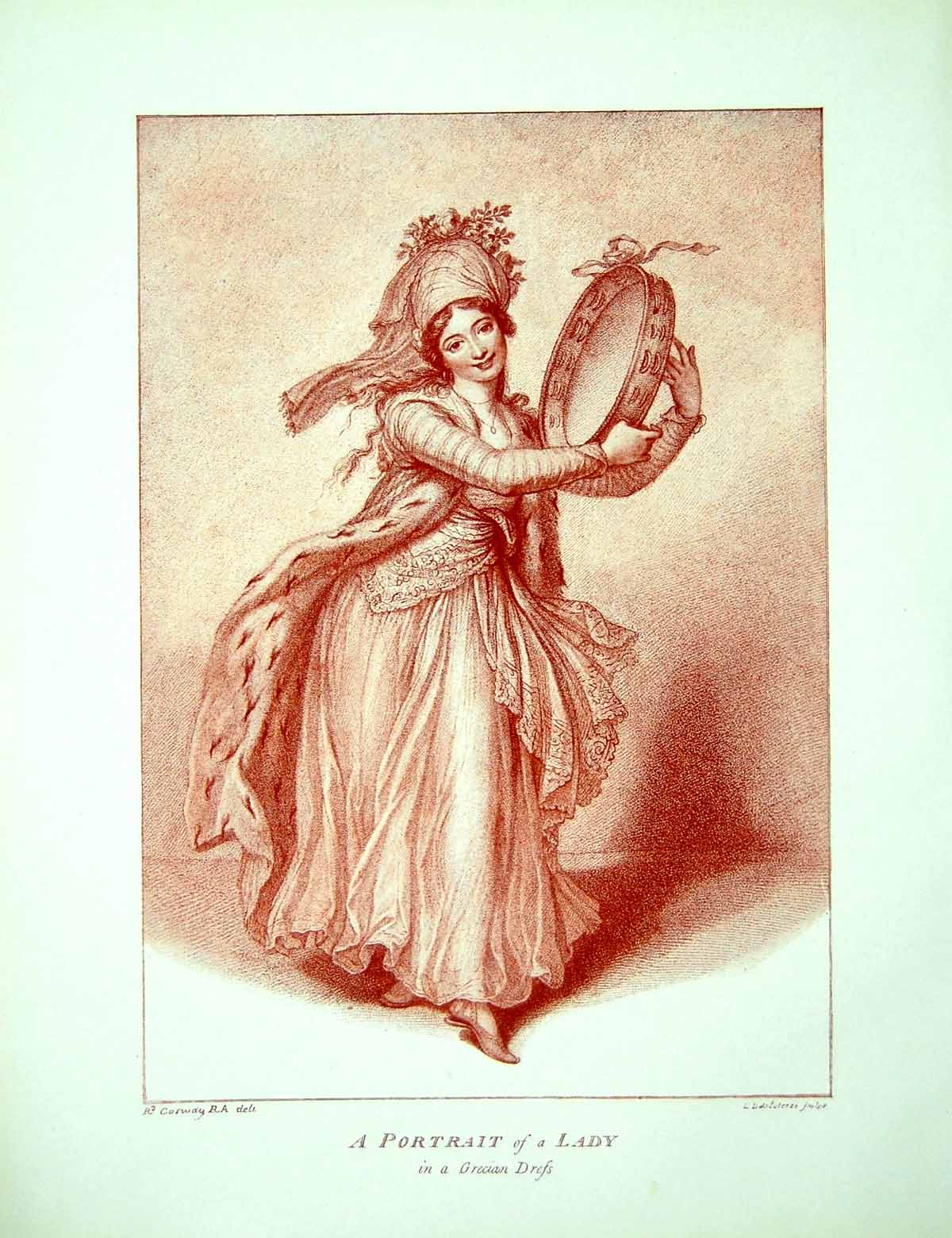 Antique Print A Portrait A Lady In A Grecian Dress Dancing Tambourine 1905 20th