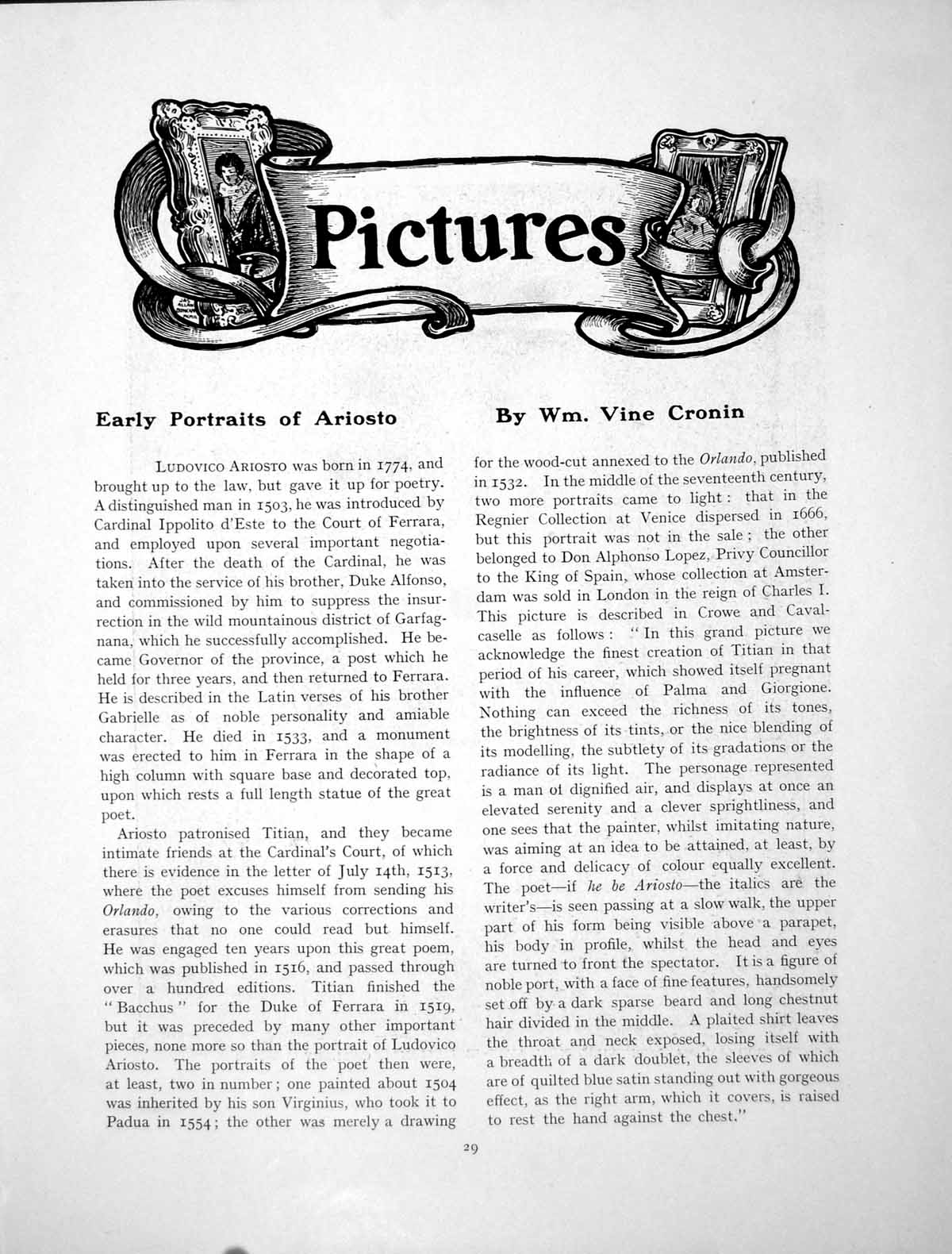 Antique Old Print Early Portraits Ariosto Cobham Hall Titian'SPages 1905
