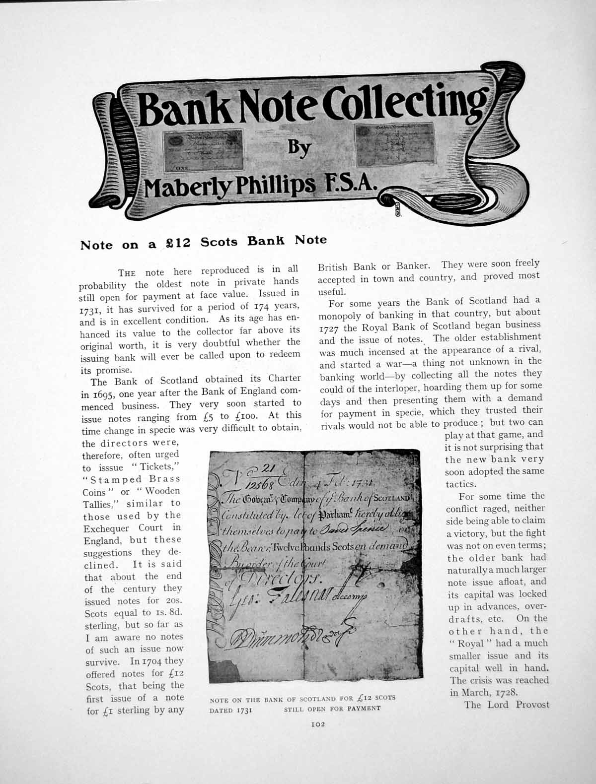 Old Print Note On A ú12 Scots Bank Note Dated 1731 Still OpenPage 1905