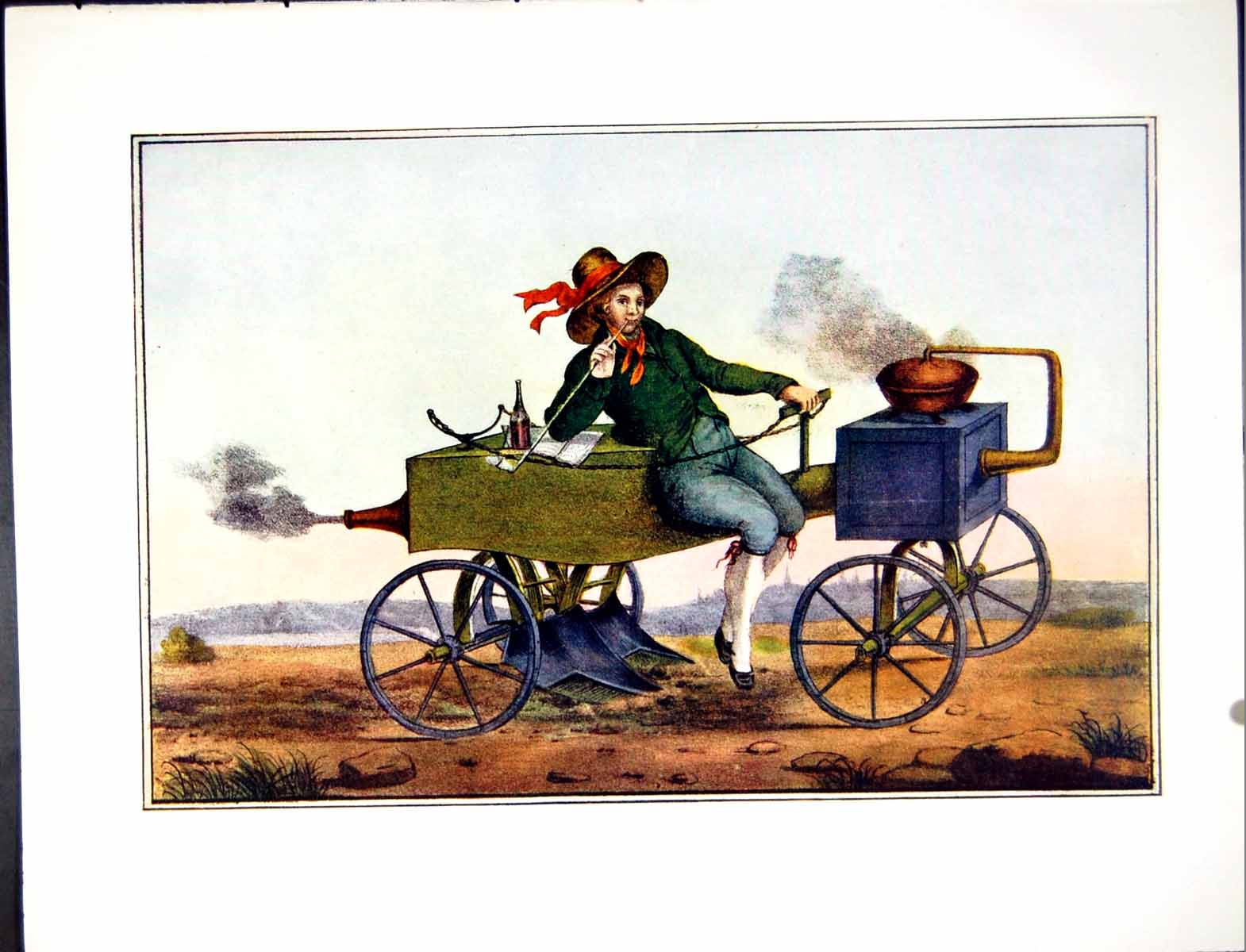 Antique Print Young Man Long Pipe Bottle Wine Aboard Steam Contraption 1905