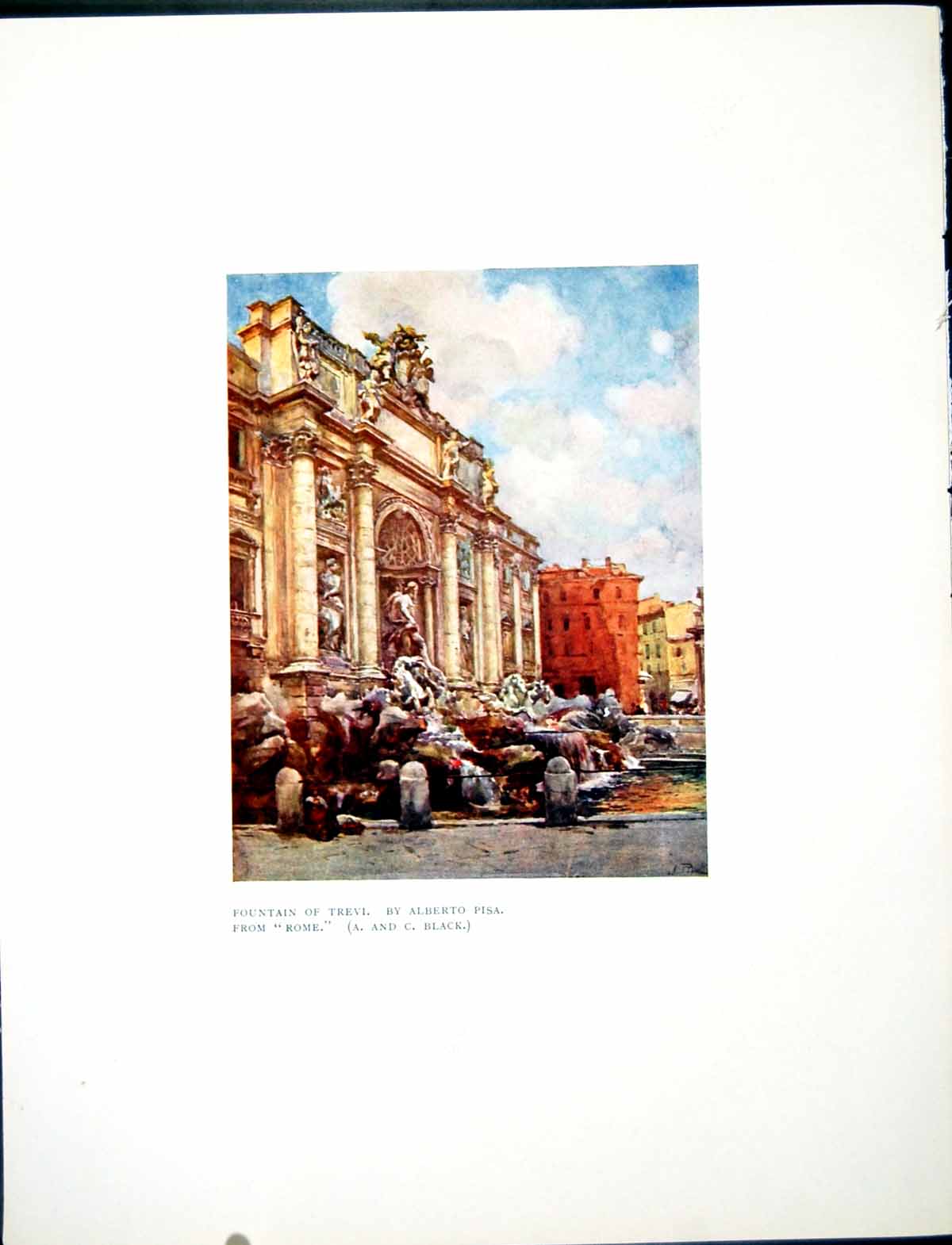 Original Old Antique Print Fountain Trevi By Alberto Pisa Rome Buildings 1905