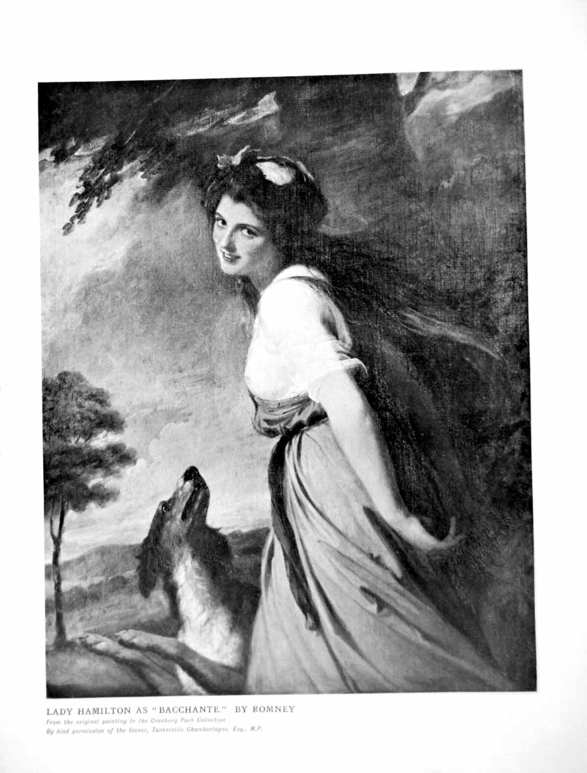 Original Old Antique Print Lady Hamilton As Bacchante By Romney Dog 1905 20th