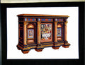 Old Antique Print French Cabinet Architectural Design Ebony Inlaid 1905 20th