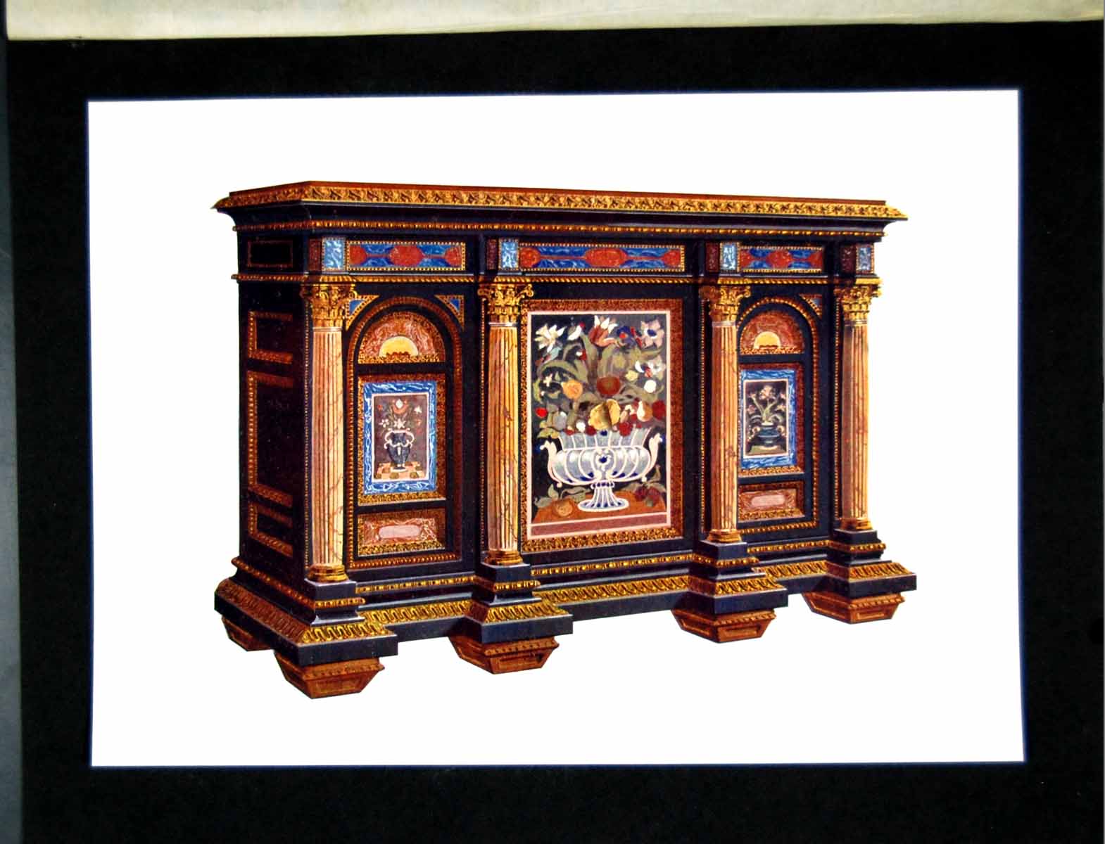 Old Antique Print French Cabinet Architectural Design Ebony Inlaid 1905 20th
