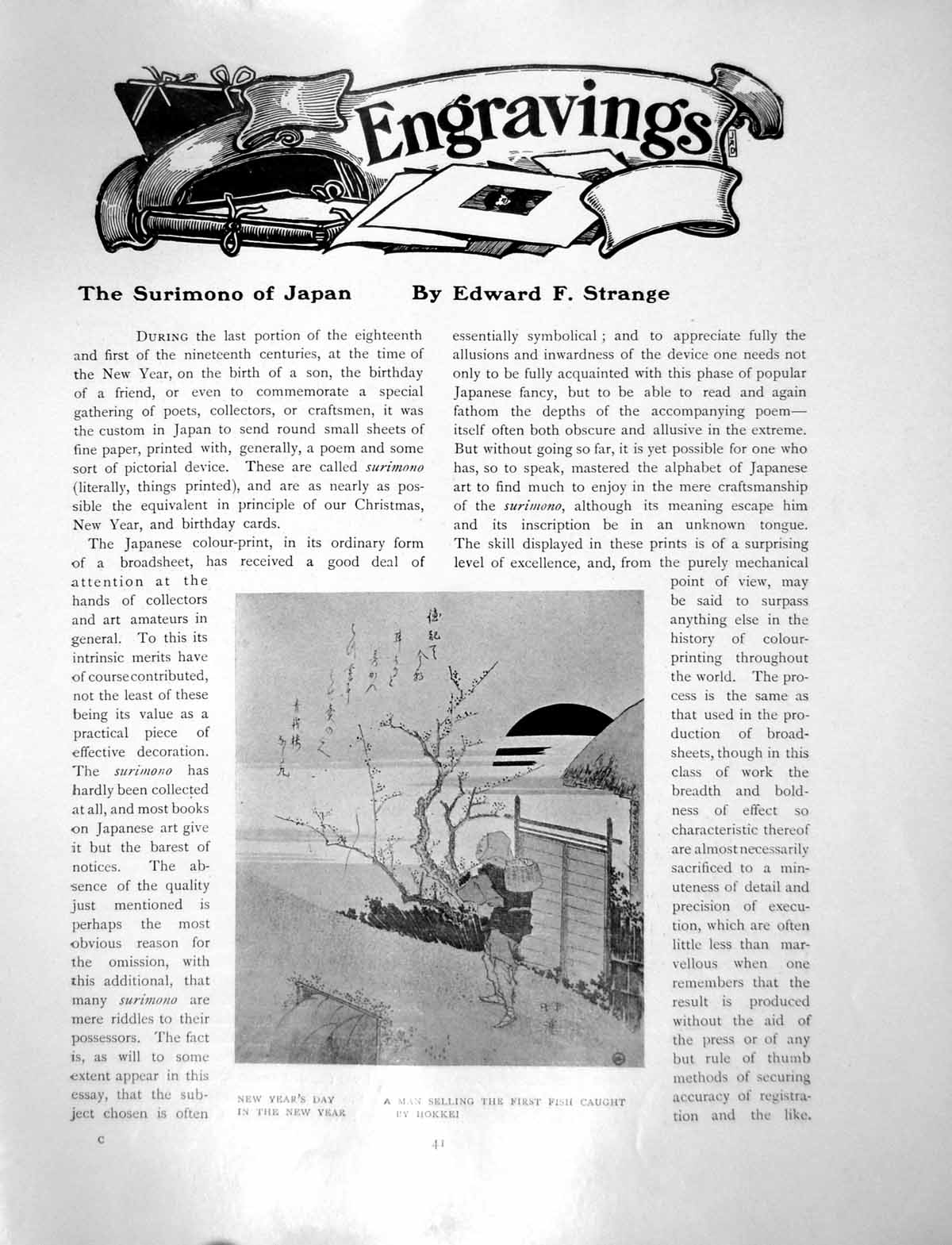Antique Print Surimono Japan Engravings Man Selling First FishPages 1906