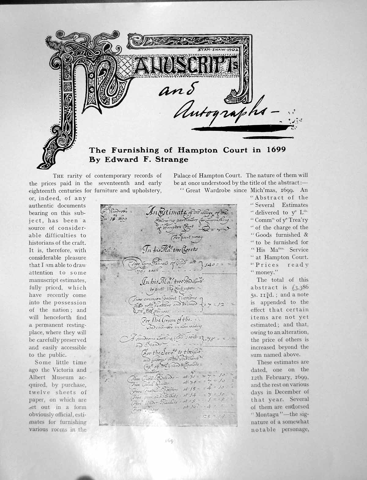 Antique Old Print Furnishing Hampton Court 1699 Estimate ChargesPages 1906