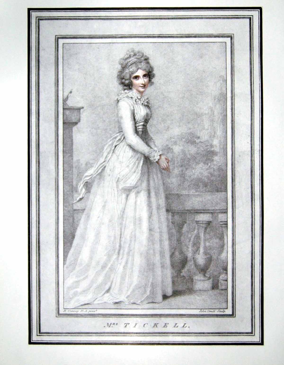 Old Antique Print Mrs Tickell White Dress Background Pale Balustrade 1906 20th