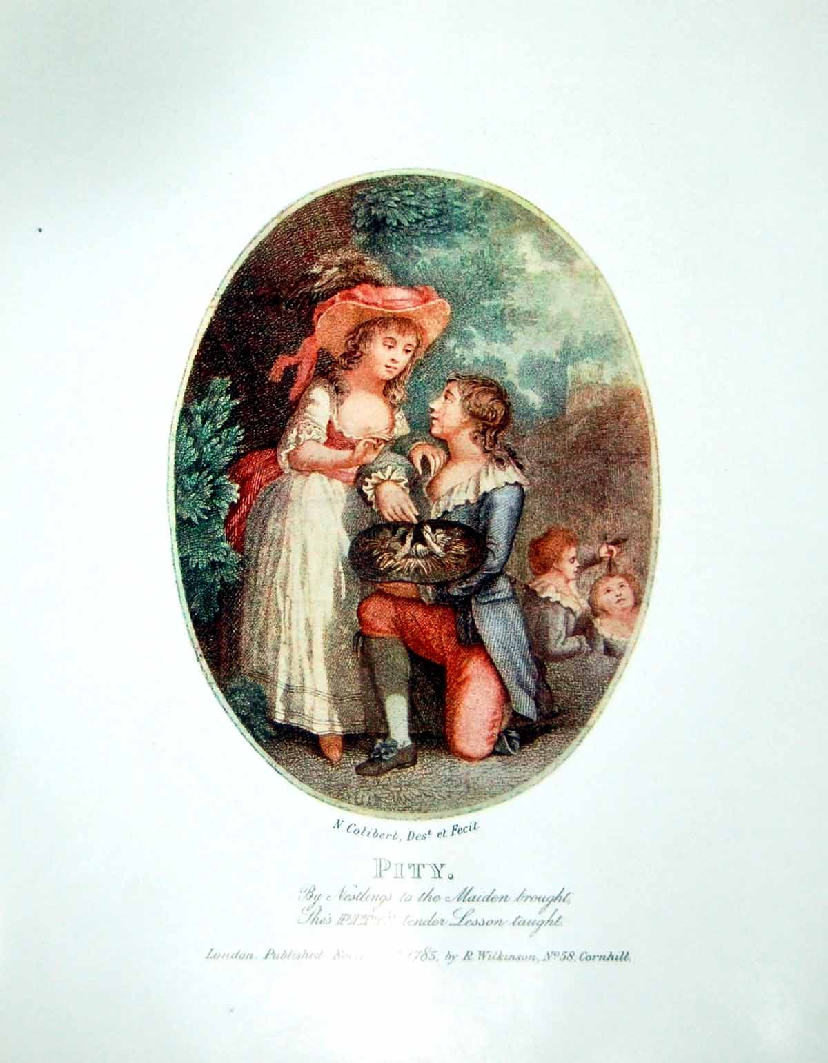 Antique Old Print Pity Young Man Kneeling Nestlings In Hat Lady Children 1906