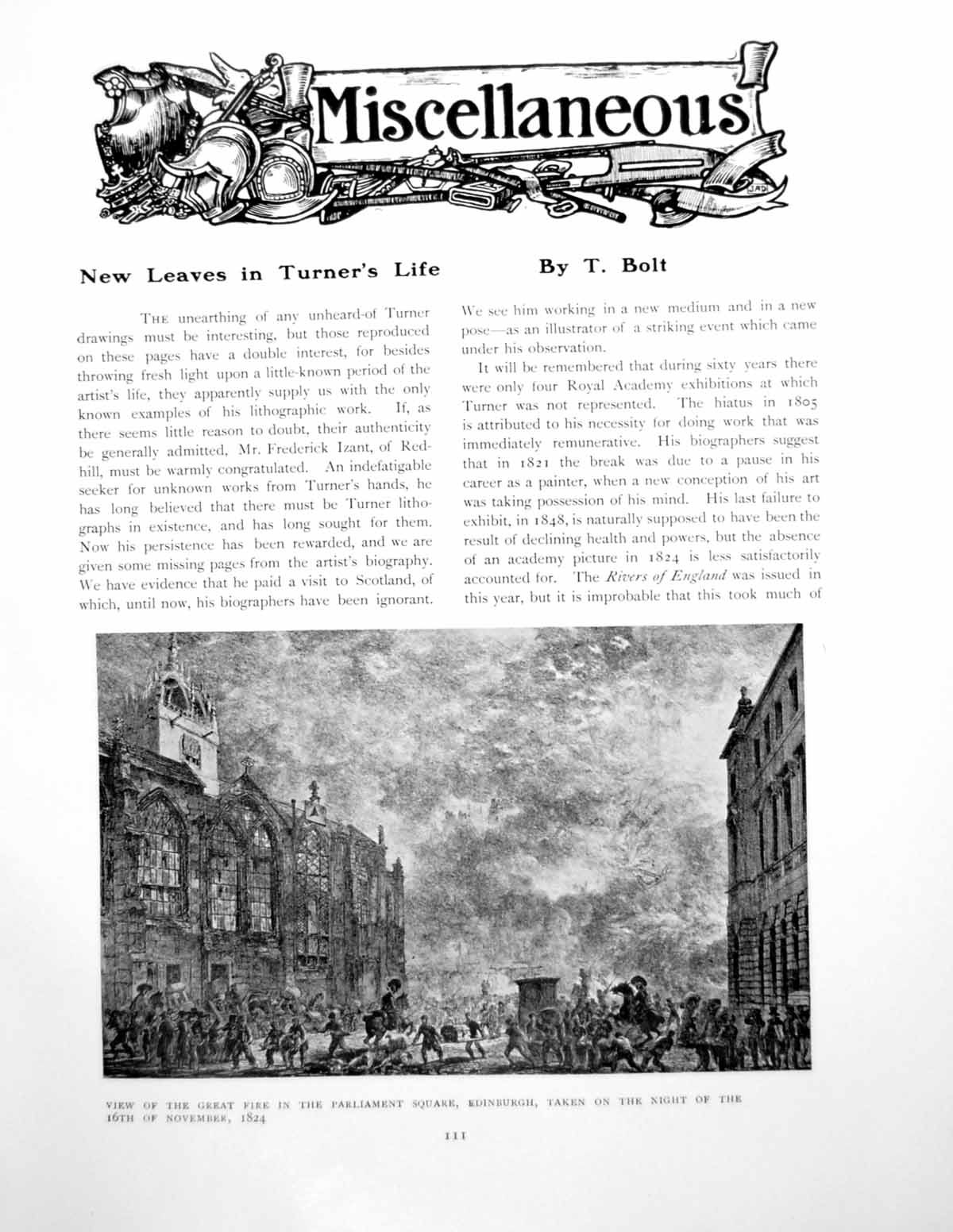 Old Print New Leaves Turner'S Life Great Fire Edinburgh 1824Pages 1906 19th