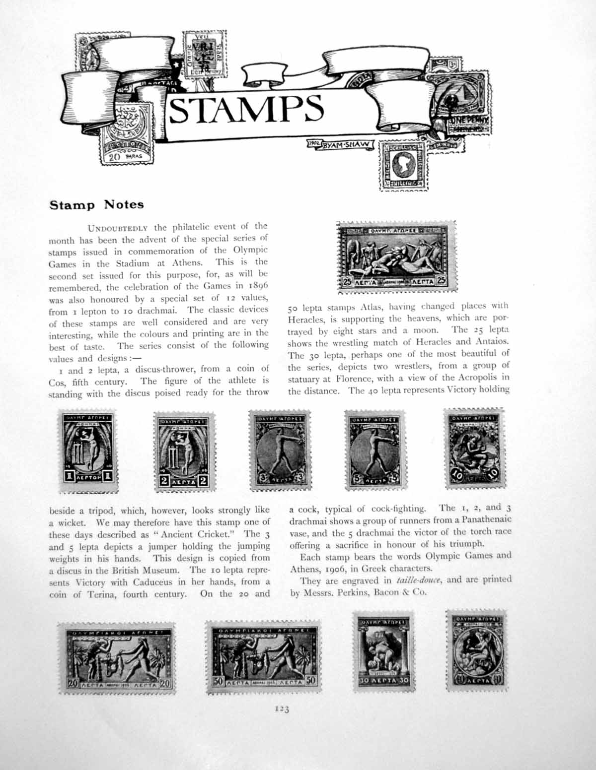 Old Antique Print Stamp Notes Olympic Games Athens Costa RicaPage 1906