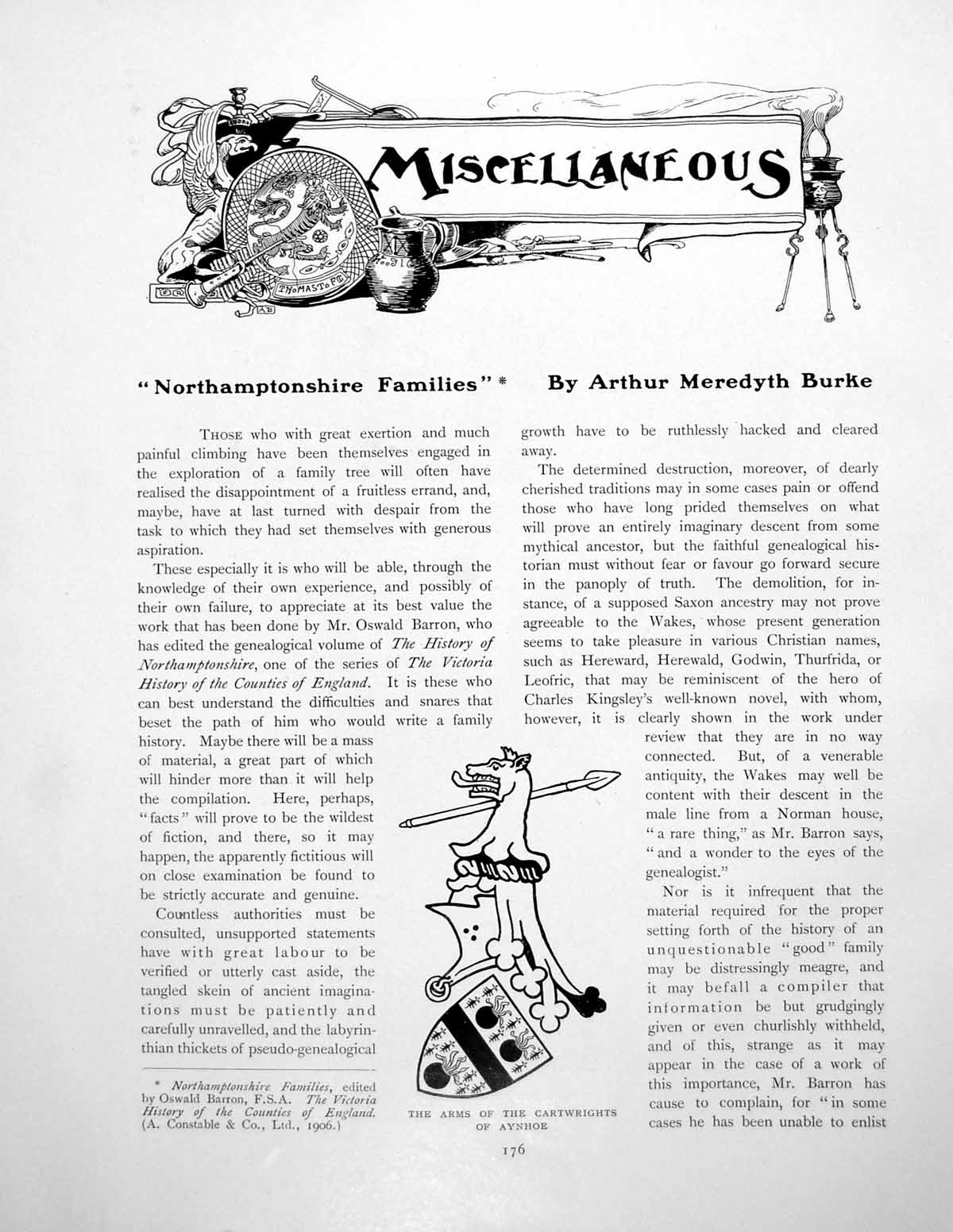Original Old Antique Print Miscellaneous Northamptonshire FamiliesPages 1906