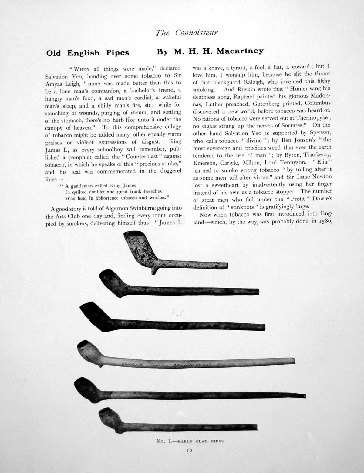 Old Antique Print English Pipes Early Clay Farmer NapoleonPages 1906