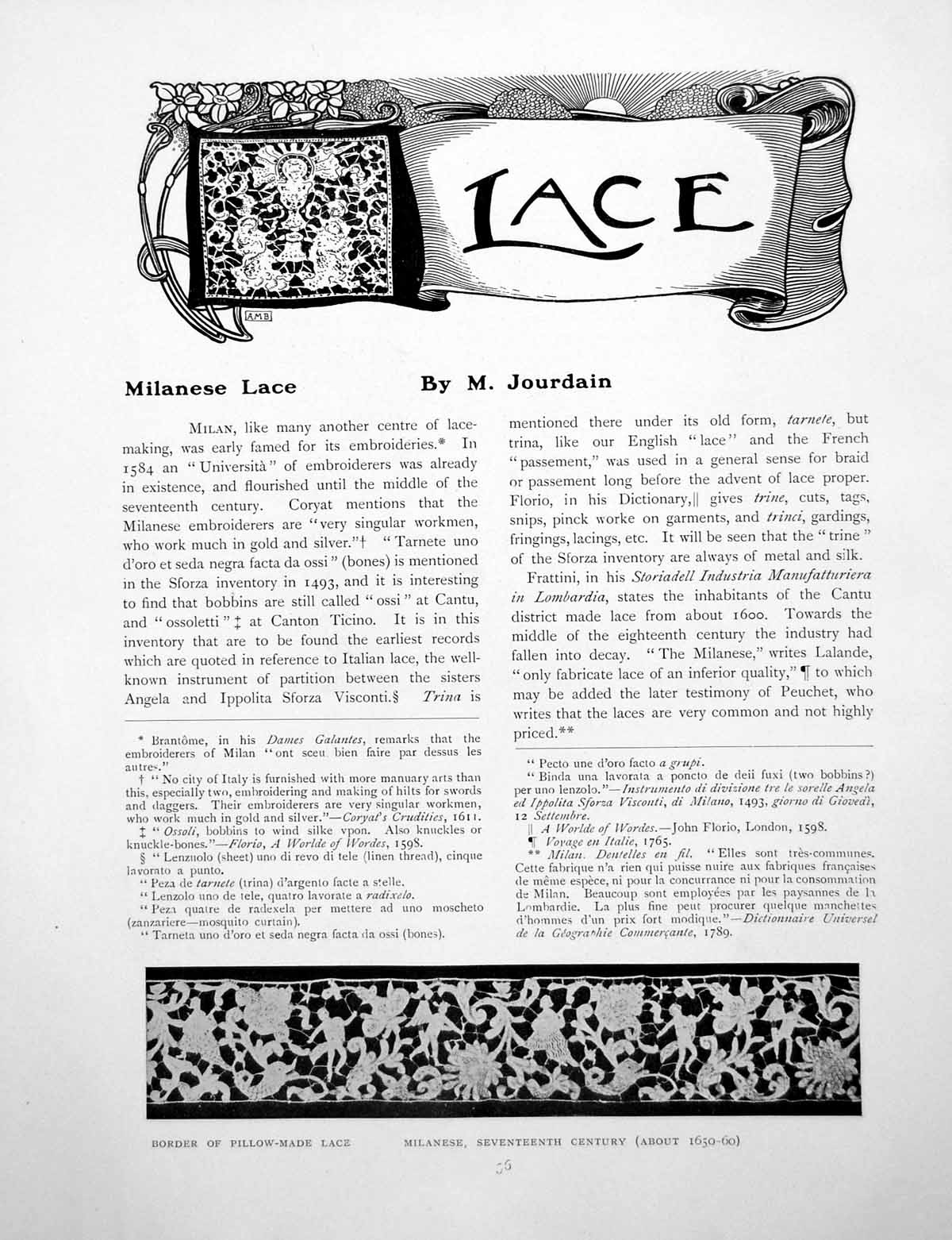 Original Old Antique Print Milanese Lace Border Pillow-Made PanelPages 1906
