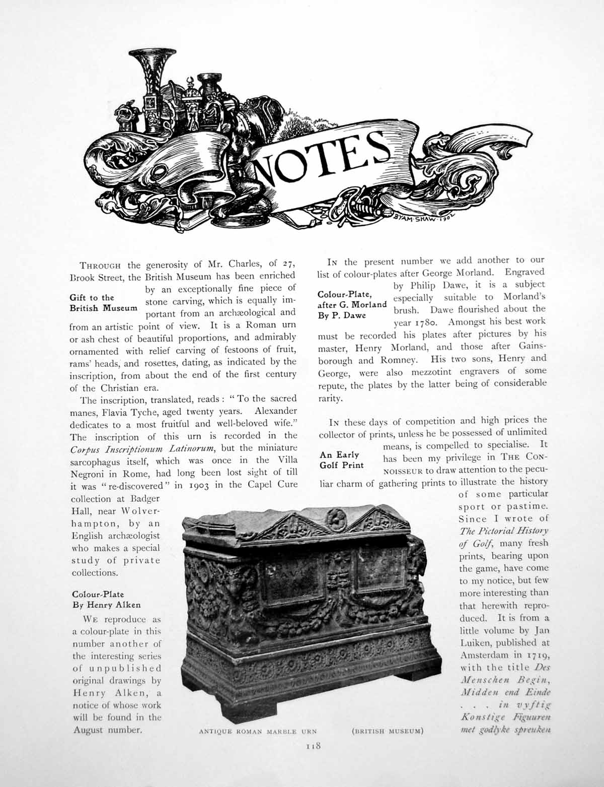 Original Old Antique Print Notes Roman Marble Urn Early GolfPages 1906