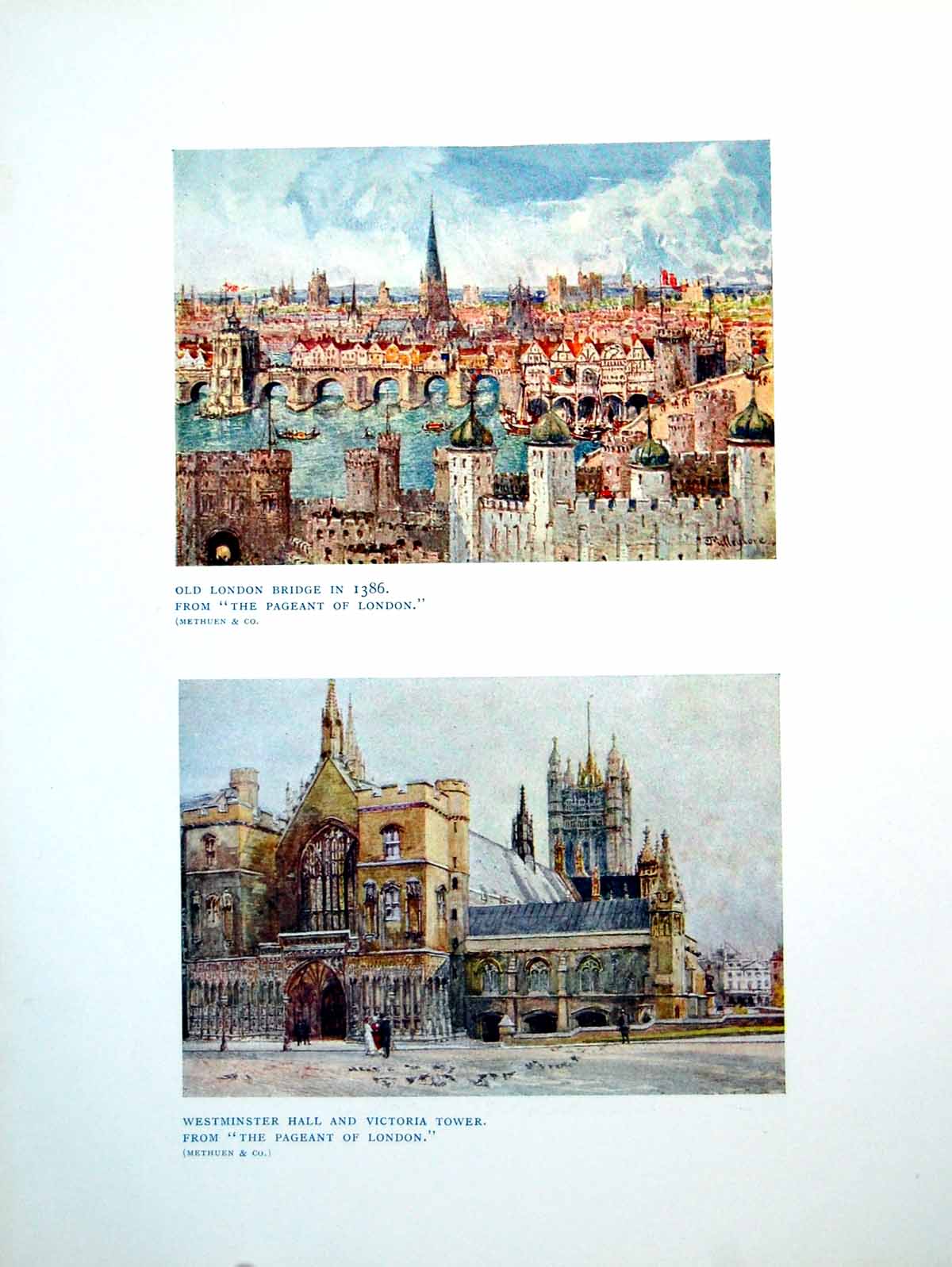 Original Old Antique Print London Bridge Westminster Hall Victoria Tower 1906