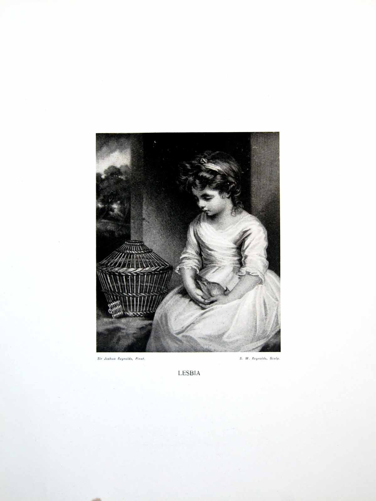 Old Antique Print Lesbia Sir Joshua Reyns Little Girl Bird Cage Bird 1906 20th
