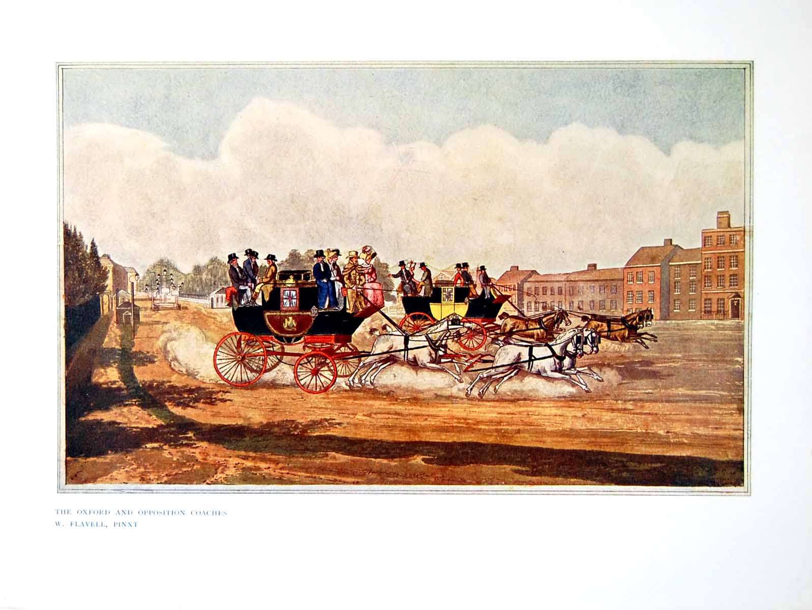 Old Antique Print The Oxford And Opposition Coaches W Flavell Horses 1906 20th