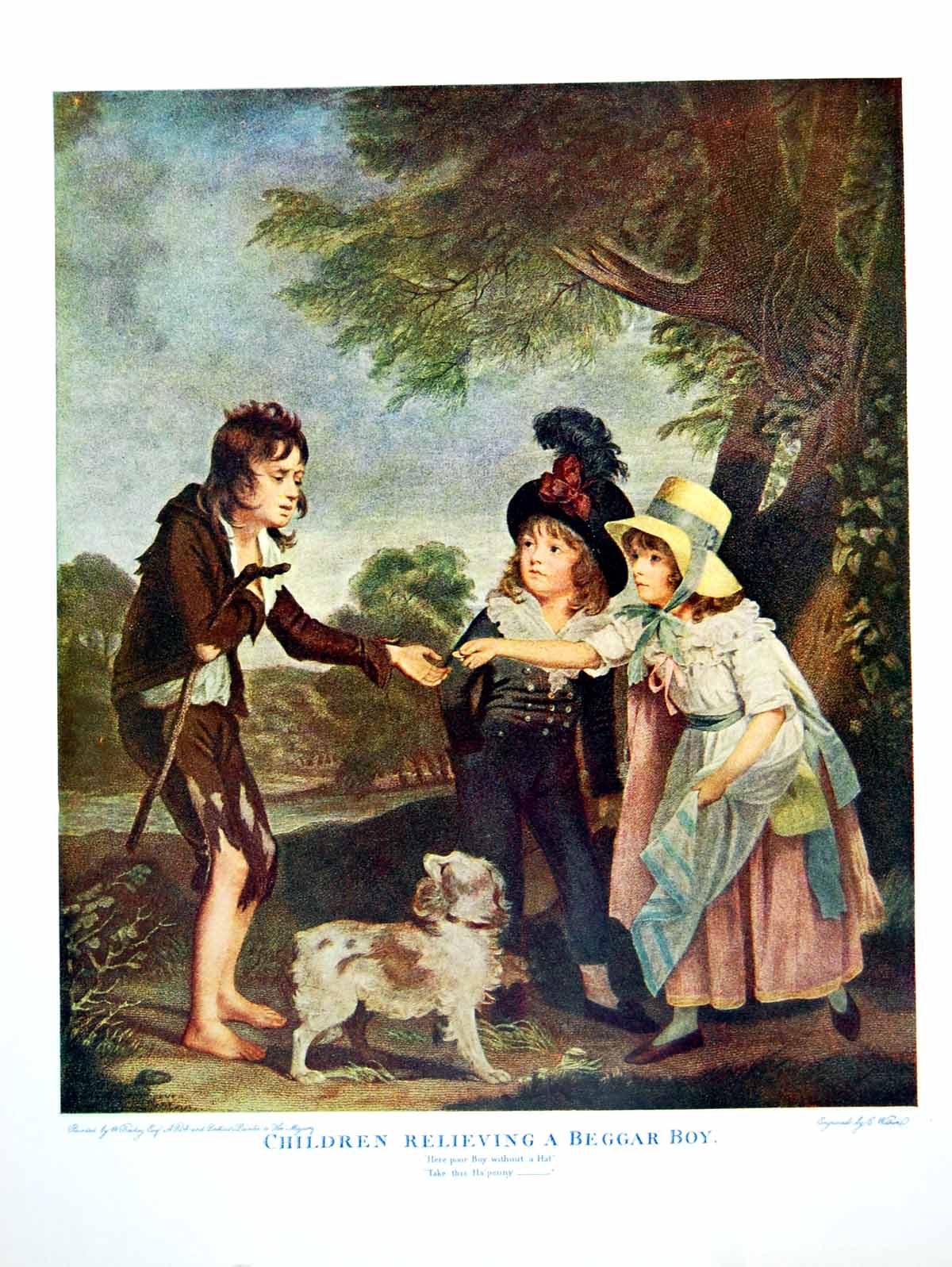 Antique Old Print Children Relieving A Beggar Boy Girl Dress Aprons Dog 1906