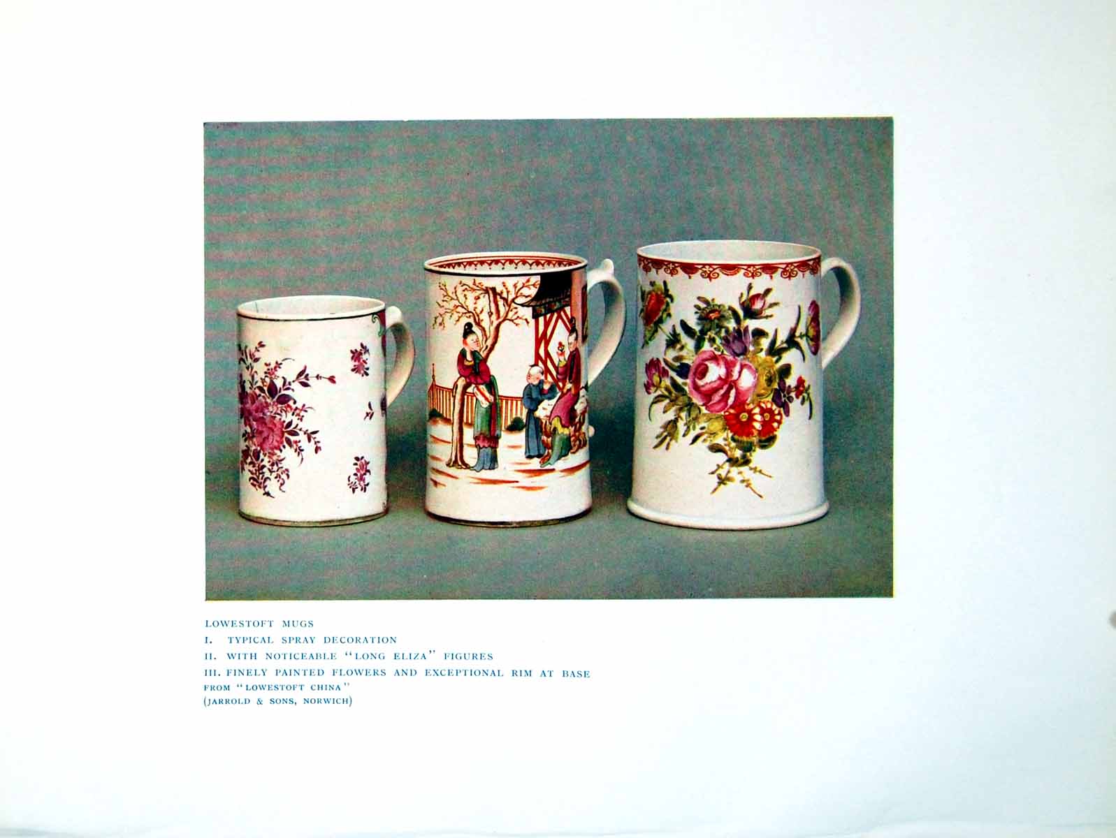 Old Antique Print Lowestoft Mugs Spray Decoration Long Eliza Figures 1906 20th