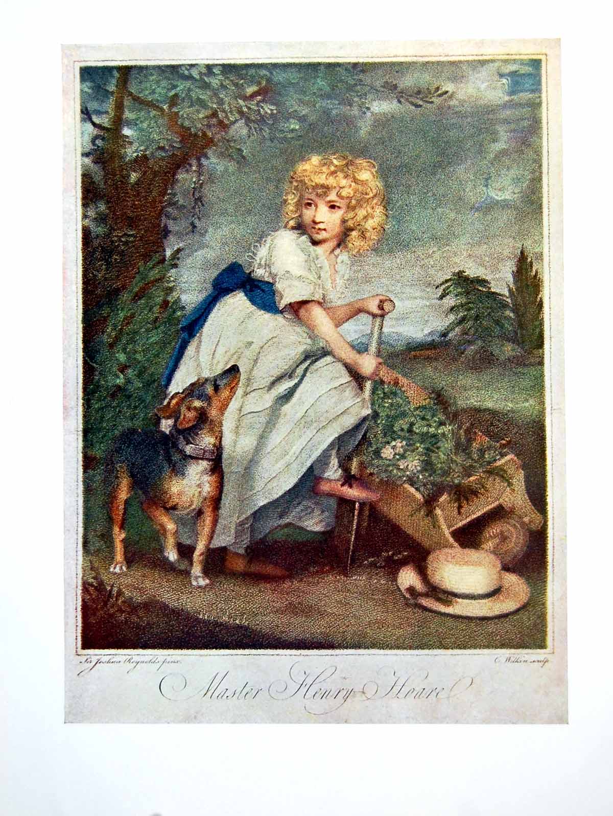 Antique Old Print Master Henry Young Lad Digging Garden Dog Wheelbarrow 1906